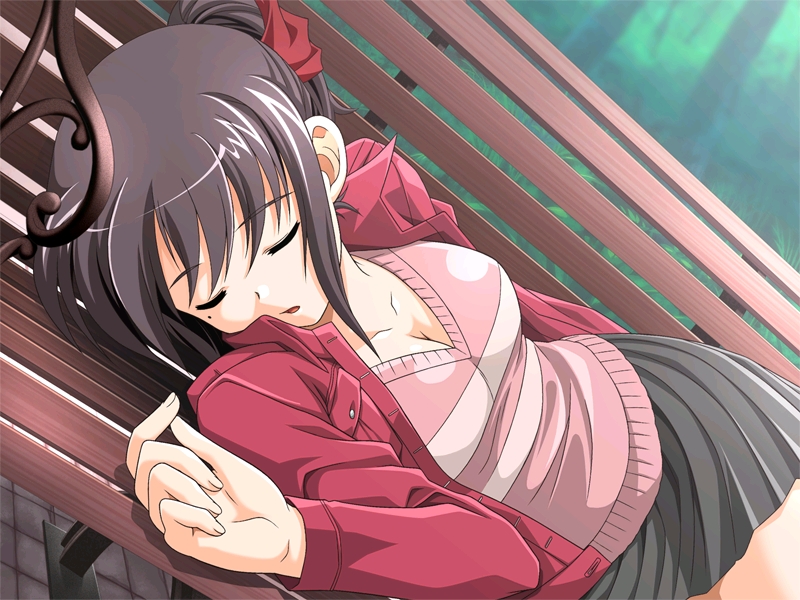 katakura shinji, isurugi chie, kira kira, game cg, 1girl, bench, breasts, cleavage, closed eyes, fainted, female focus, hair ribbon, jacket, large breasts, lying, mole, mole under eye, on back, on side, open mouth, park bench, purple hair, ribbon, side ponytail, skirt, sleeping, solo, unconscious