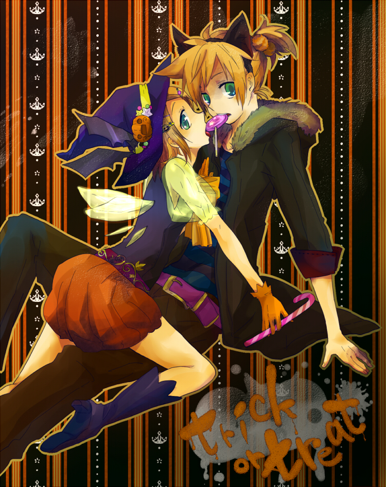 koromo, koromo (pixiv798502), kagamine len, kagamine rin, vocaloid, 1boy, 1girl, animal ears, blonde hair, boots, brother and sister, candy, food-themed hair ornament, gloves, green eyes, hair ornament, halloween, hat, hood, hooded jacket, jacket, lollipop, pumpkin hair ornament, short hair, siblings, trick or treat, twins, wings, witch hat, wolf ears
