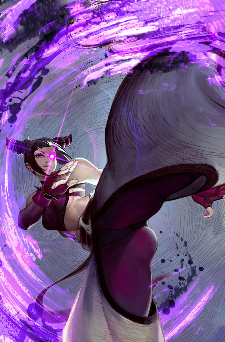 arnold tsang, udon entertainment, han juri, capcom, street fighter, street fighter iv, official art, baggy pants, belt, black hair, breasts, chaps, from below, glowing, glowing eye, glowing eyes, kicking, midriff, red eyes, smile, solo, underboob