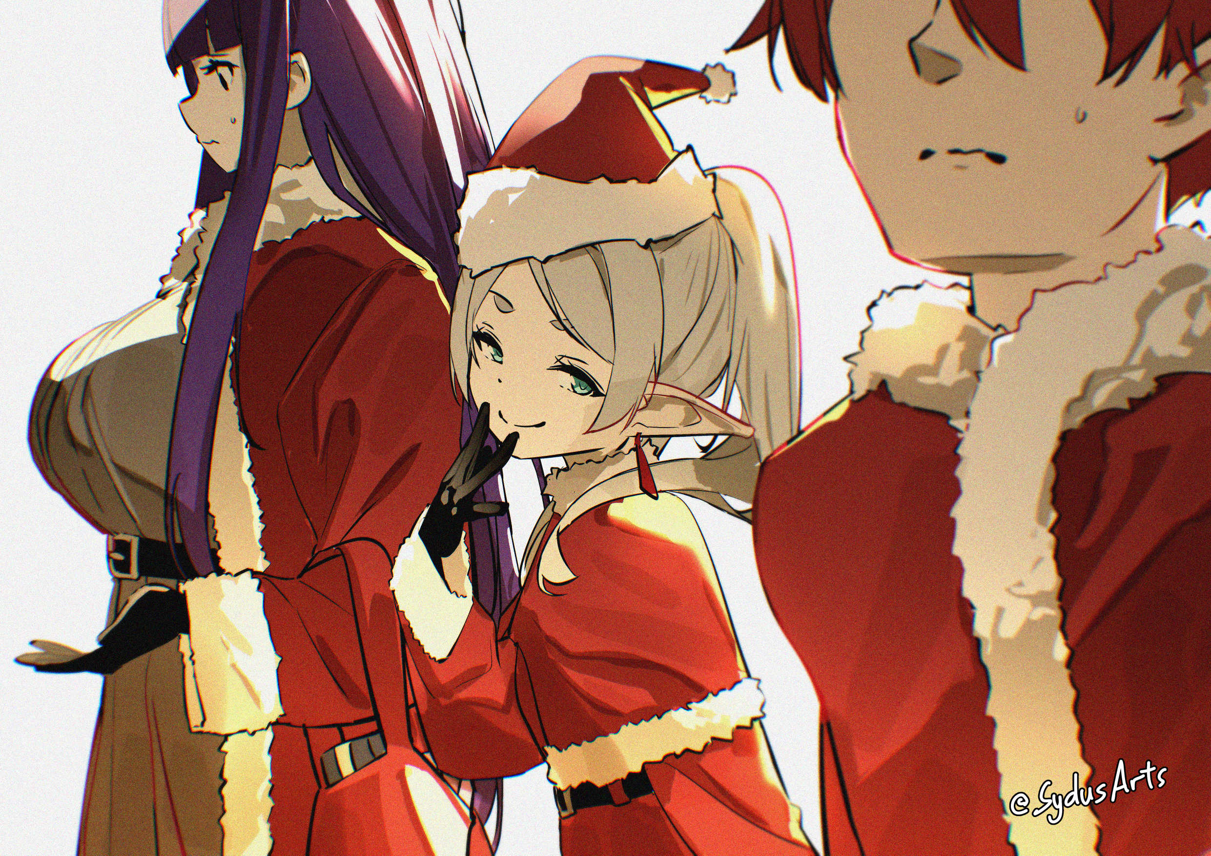 sydus, fern (sousou no frieren), frieren, stark (sousou no frieren), sousou no frieren, commentary, english commentary, highres, 1boy, 2girls, alternate costume, artist name, black gloves, blunt bangs, breast conscious, breasts, capelet, christmas, coat, dress, earrings, elf, eyes out of frame, from side, gloves, green eyes, grey hair, head out of frame, huge breasts, jewelry, long hair, long sleeves, looking at viewer, multiple girls, pointy ears, purple eyes, purple hair, red bag, red capelet, red coat, red hair, santa costume, short hair, simple background, smile, smug, teardrop earrings, twintails, white background, white dress