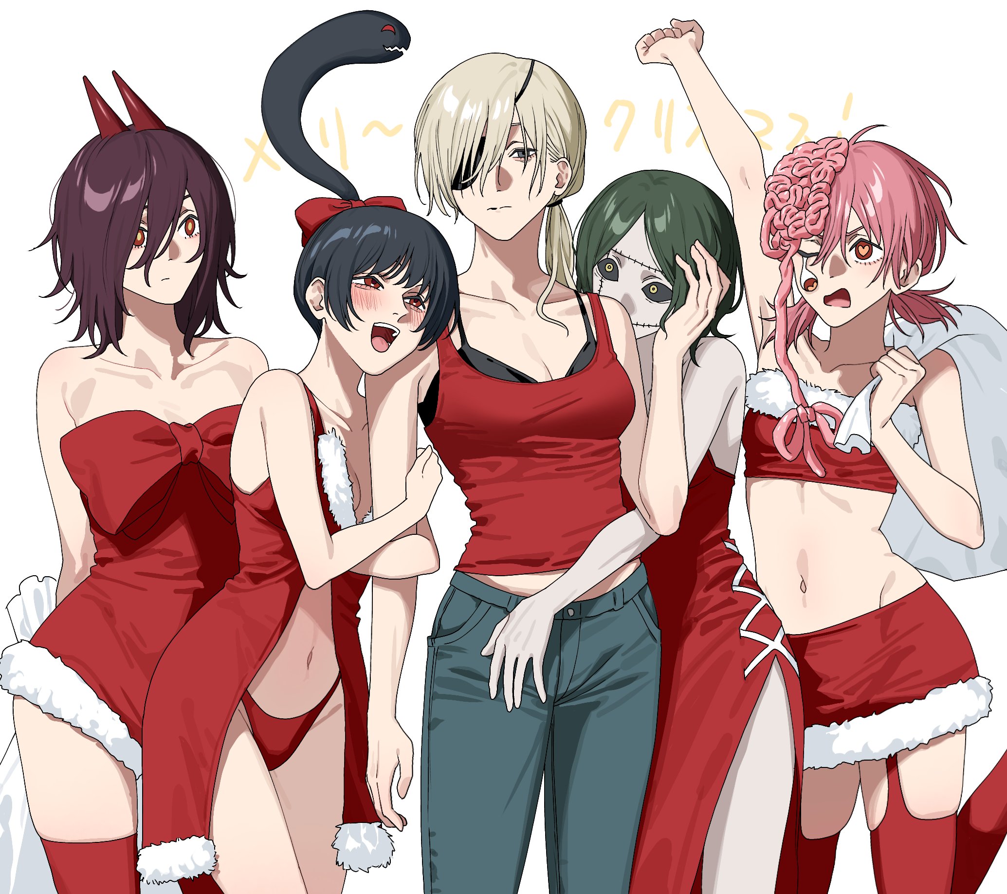 kayuu (hikentai0112), cosmo (chainsaw man), long (chainsaw man), pingtsi (chainsaw man), quanxi's group (chainsaw man), quanxi (chainsaw man), tsugihagi (chainsaw man), chainsaw man, commentary request, highres, black necktie, brain, breasts, dangling eye, exposed brain, eyepatch, futakuchi-onna, grey hair, long hair, looking at viewer, medium breasts, multiple girls, necktie, pants, ponytail, prehensile hair, shirt, simple background, stitched face, stitched mouth, stitches, tank top, white hair, yuri