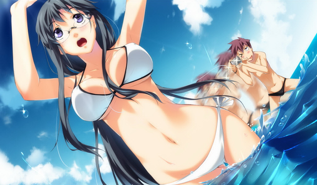 g yuusuke, hatori uta, hatori uta (tapestry), kazusa shinji, tapestry -you will meet yourself-, game cg, 1boy, 1girl, bikini, black hair, black male swimwear, black swim briefs, blue eyes, camera, day, dutch angle, glasses, long hair, male swimwear, motion blur, open mouth, side-tie bikini bottom, swim briefs, swimsuit, wading, water