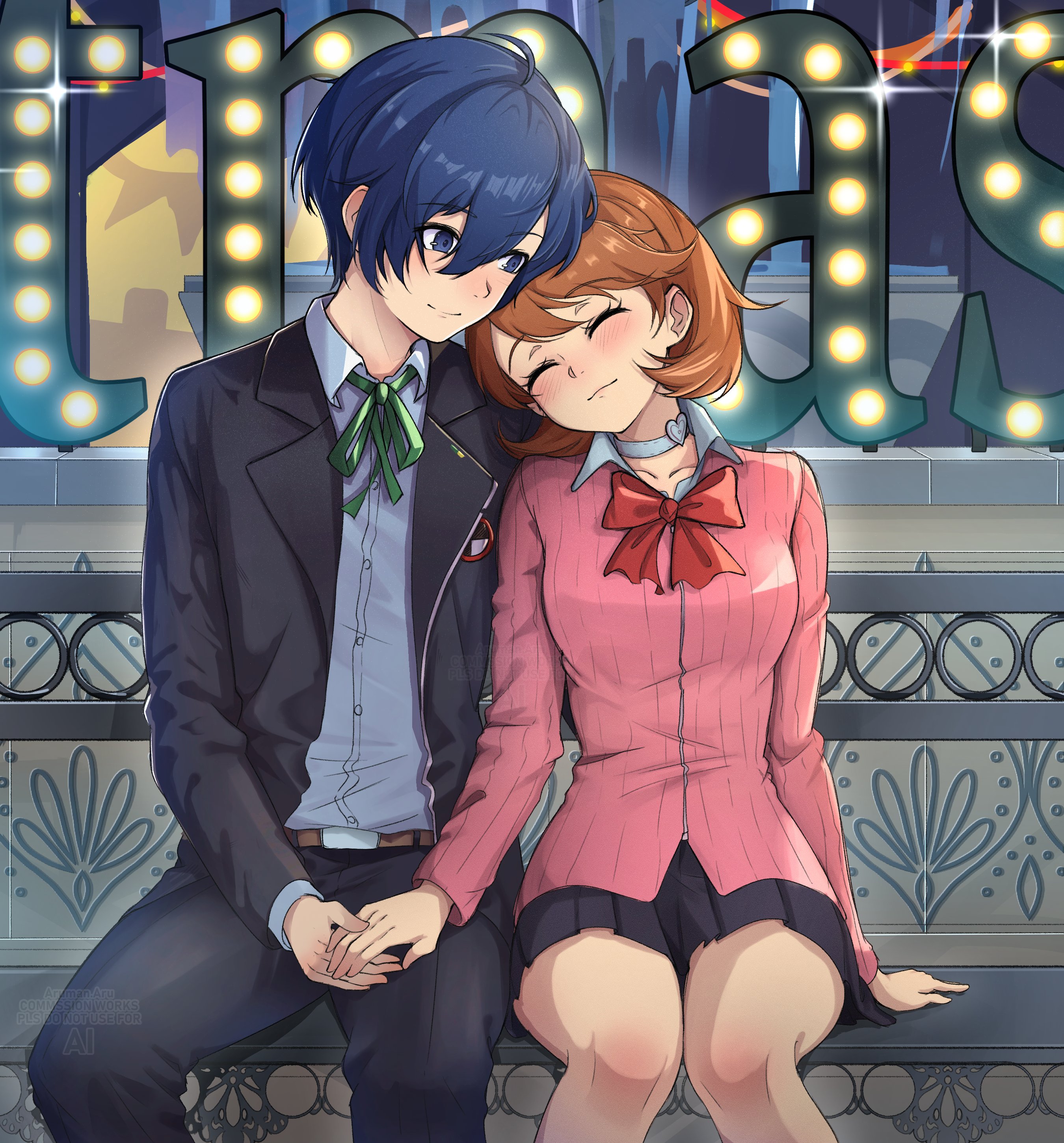 aruman.aru, takeba yukari, yuuki makoto (persona 3), persona, persona 3, persona 3 portable, persona 3 reload, absurdres, commentary, english commentary, highres, 1boy, 1girl, black skirt, blue eyes, blue hair, brown hair, cardigan, choker, christmas, closed eyes, couple, evoker, gekkoukan high school uniform, heart, heart choker, holding hands, light smile, pink cardigan, red ribbon, ribbed cardigan, ribbon, s.e.e.s, school uniform, skirt, thighs, white choker