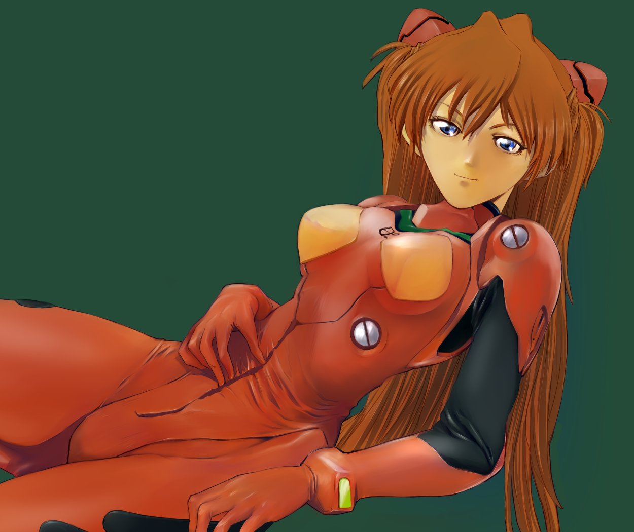 taniyosi, souryuu asuka langley, neon genesis evangelion, rebuild of evangelion, bad id, bad pixiv id, 00s, 1girl, arm support, blue eyes, bodysuit, bracer, brown hair, cowboy shot, curvy, female focus, from side, gloves, green background, hair between eyes, hair ornament, hand on own hip, leaning back, light smile, long hair, looking at viewer, lying, mecha pilot suit, on side, plugsuit (evangelion), reclining, red bodysuit, simple background, smile, solo, turtleneck, very long hair, wide hips