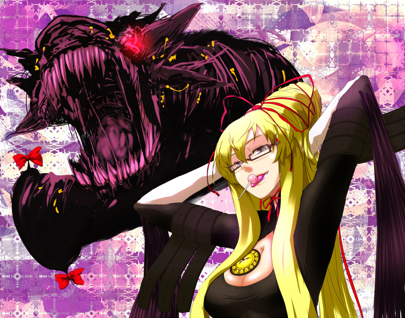 soubi, bayonetta, gomorrah (bayonetta), yakumo yukari, bayonetta (series), bayonetta 1, touhou, 1girl, arms up, avavago (parody), bayonetta (cosplay), bespectacled, blonde hair, bow, breasts, candy, cleavage, cosplay, dragon, female focus, food, formal clothes, gap (touhou), glasses, large breasts, lollipop, long hair, parody, ponytail, ribbon, tongue, witch