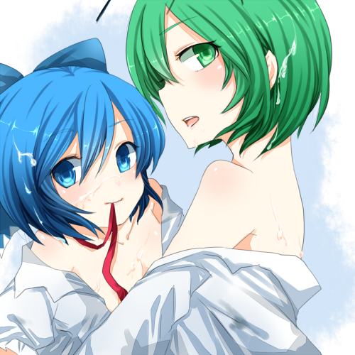 amaya enaka, tentani, cirno, wriggle nightbug, touhou, bad id, bad pixiv id, lowres, 2girls, aged up, antennae, back, blue eyes, blue hair, bow, cum, cum on hair, green eyes, green hair, hair bow, mouth hold, multiple girls, open mouth, short hair, time paradox