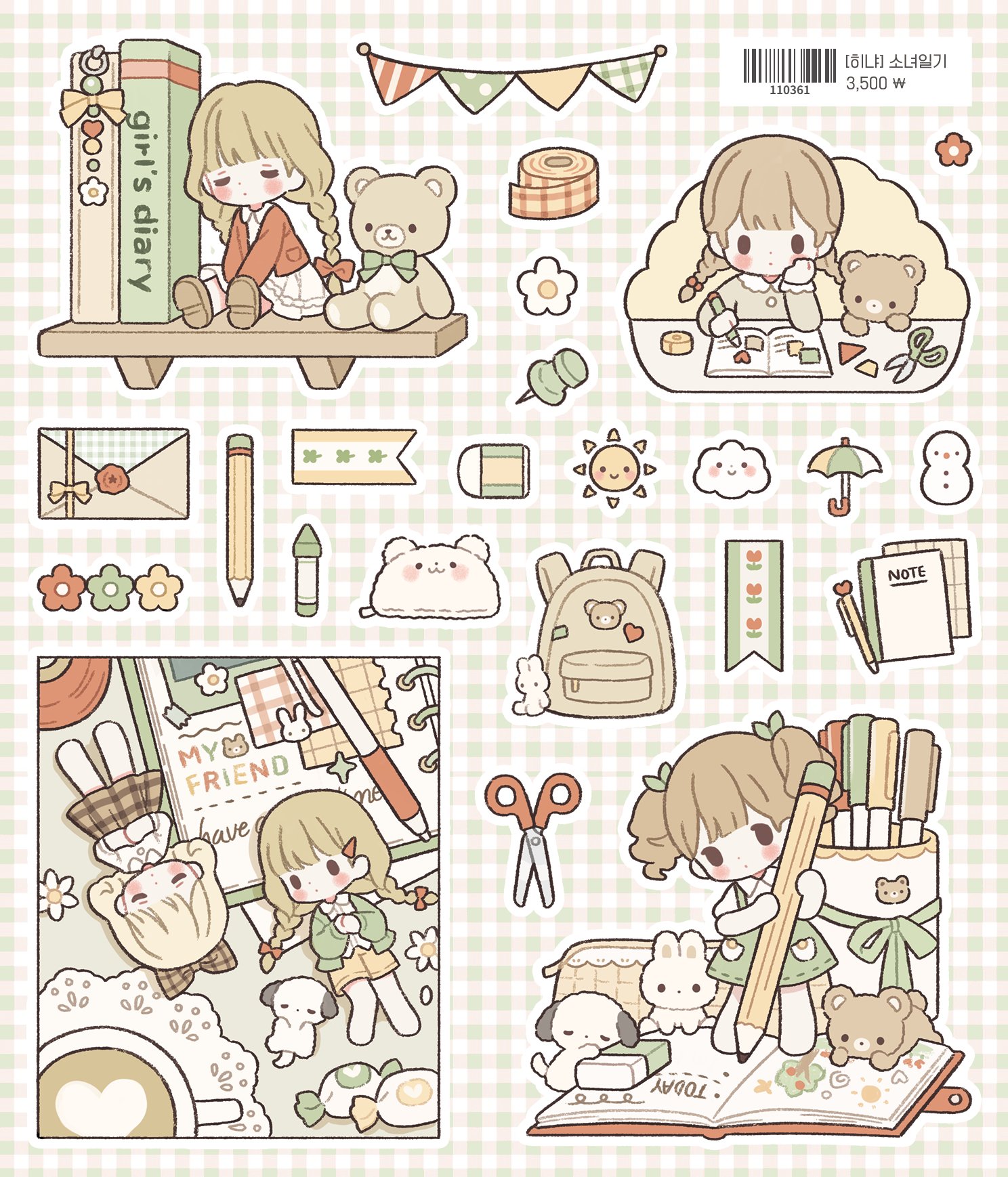 hinnya72, original, highres, translation request, 5girls, backpack, bag, blonde hair, blunt bangs, blush stickers, book, bookshelf, bow, braid, brown bow, brown eyes, brown shoes, brown skirt, bunting, candy, center-flap bangs, checkered background, chibi, chibi only, closed eyes, closed mouth, cloud, coffee, coffee mug, collared shirt, crayon, cup, curly hair, daisy (flower), diary, doily, dot mouth, dress, english text, eraser, expressionless, flower, food, hair bow, hair ornament, hairclip, hand on own cheek, hand on own face, hand on own stomach, holding, holding pencil, jacket, korean text, lace, letter, long hair, looking at another, looking to the side, low twin braids, lying, marker, mechanical pencil, medium hair, mini person, minigirl, mug, multiple girls, on back, on shelf, open book, open clothes, open jacket, outline, own hands together, pastel colors, pencil, pencil case, peter pan collar, plaid clothes, plaid skirt, pushpin, raised inner eyebrows, red bow, red flower, red jacket, ribbon, scissors, shirt, shoes, sitting, skirt, sleeping, snowman, solid oval eyes, sticker, stuffed animal, stuffed dog, stuffed rabbit, stuffed toy, sun, tape, teddy bear, twin braids, twintails, umbrella, very long hair, white dress, white flower, white outline, white shirt, writing