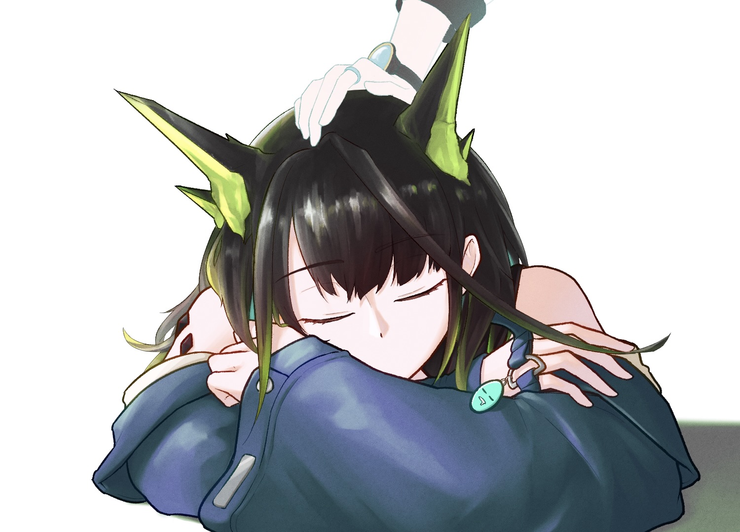 nereko, mon3tr (arknights), arknights, commentary request, 1girl, bare shoulders, black hair, blue jacket, closed eyes, crossed arms, emoji, green hair, hand on another's head, headpat, jacket, jewelry, long hair, material growth, multicolored hair, off shoulder, oripathy lesion (arknights), out of frame, ring, simple background, sleeping, sleeves past wrists, solo focus, streaked hair, watch, white background, wristwatch