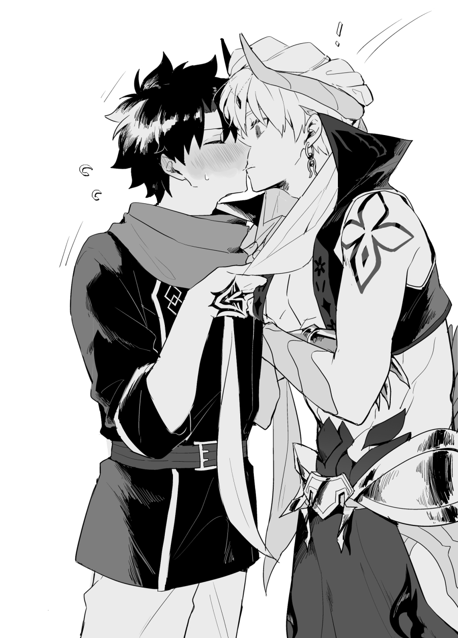 bit (8115894), fujimaru ritsuka (male), fujimaru ritsuka (male) (true ether chaldea uniform), gilgamesh, gilgamesh (caster) (fate), gilgamesh (fate), fate/grand order, fate (series), commentary request, highres, !, 2boys, armor, baggy pants, belt, blush, chain, circlet, closed eyes, closed mouth, command spell, cowboy shot, earrings, fingernails, flying sweatdrops, gem, greyscale, hair between eyes, hand up, horns, japanese armor, jewelry, kiss, kote, kurokote, long sleeves, looking at another, male focus, monochrome, multiple boys, open clothes, open vest, pants, scarf, short hair, shoulder tattoo, shy, simple background, standing, surprise kiss, surprised, sweatdrop, tattoo, turban, veil, vest, yaoi