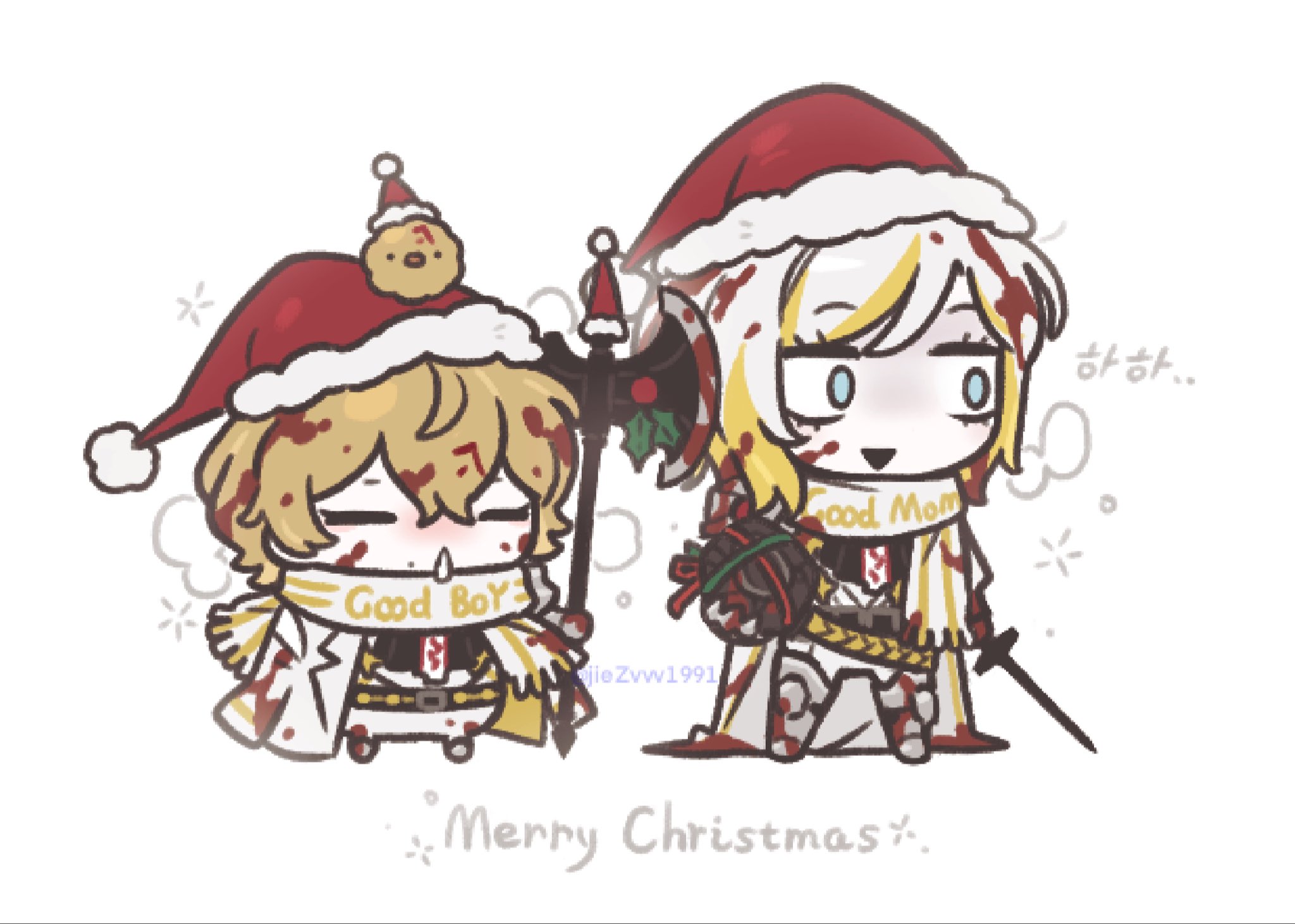 ohzv, faust (project moon), sinclair (project moon), limbus company, project moon, highres, 2girls, armored boots, axe, blonde streaks, blood, blood in hair, blood on clothes, blood on face, blue eyes, boots, chibi, closed eyes, closed mouth, hat, holding, holding axe, holding nail, merry christmas, multicolored hair, multiple girls, n corp. fanatic (identity) (project moon), nail (hardware), open mouth, santa hat, scarf, short hair, simple background, smile, streaked hair, white background, white hair, white scarf