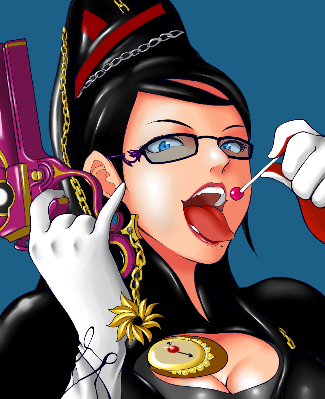 pleasure-treasure, bayonetta, bayonetta (series), bayonetta 1, highres, 1girl, black hair, blue eyes, breasts, candy, chain, cleavage cutout, clock, clothing cutout, female focus, food, glasses, gloves, gun, lollipop, mole, mole under mouth, open mouth, simple background, solo, tongue, weapon