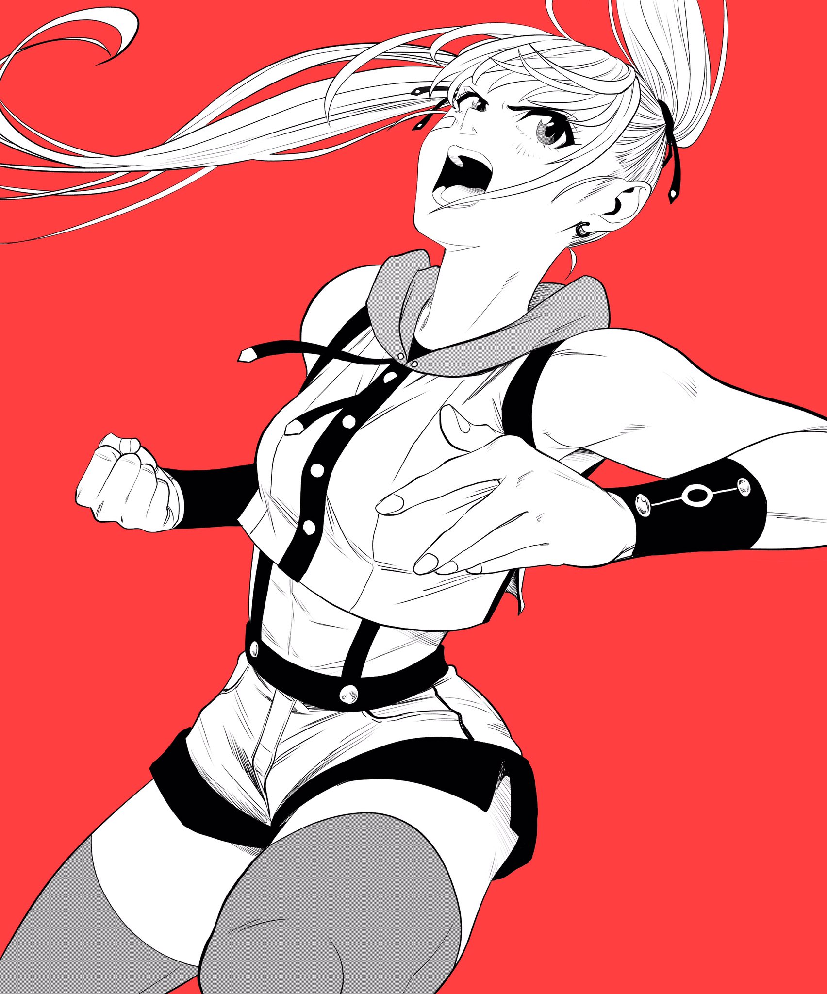 lee (dragon garou), original, commentary request, highres, 1girl, abs, breasts, clenched hand, crop top, cropped hoodie, earrings, greyscale with colored background, hood, hoodie, jewelry, medium breasts, open mouth, punching, red background, shorts, sleeveless, sleeveless hoodie, solo, suspender shorts, suspenders, thighhighs, toned, toned female, twintails, v-shaped eyebrows, wristband