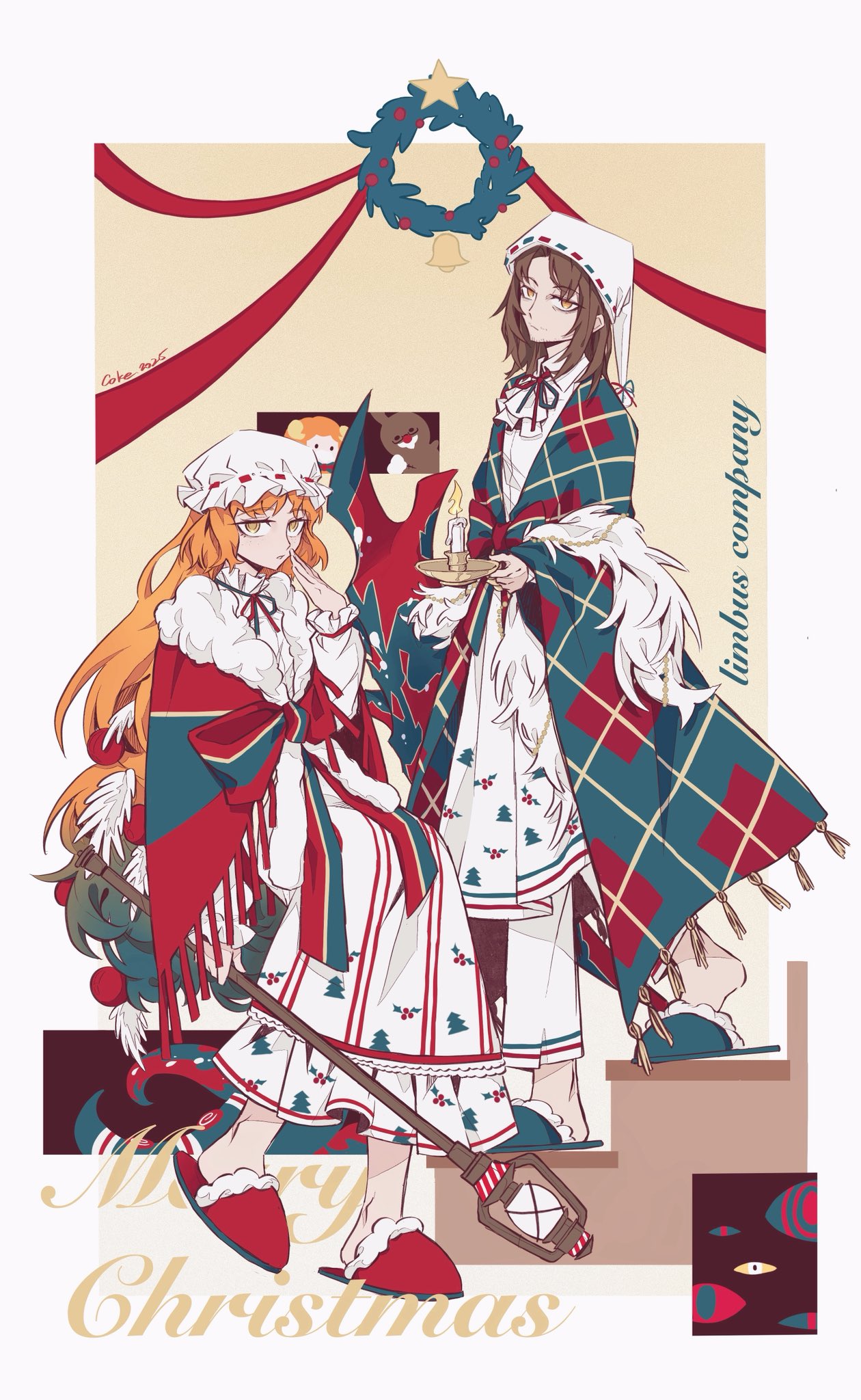 gregor (project moon), ishmael (project moon), limbus company, project moon, commentary request, highres, 1boy, 1girl, brown hair, christmas, christmas nightmare (e.g.o), christmas ornaments in hair, christmas wreath, closed mouth, coke315115, dress, e.g.o (project moon), gradient hair, green eyes, green hair, green slippers, hat, lantern, long hair, looking at viewer, multicolored hair, nightcap, open mouth, orange eyes, orange hair, pants, parted bangs, plaid clothes, plaid shawl, red slippers, shawl, slippers, striped shawl, tentacles, very long hair, white dress, white hat, white pants, wreath