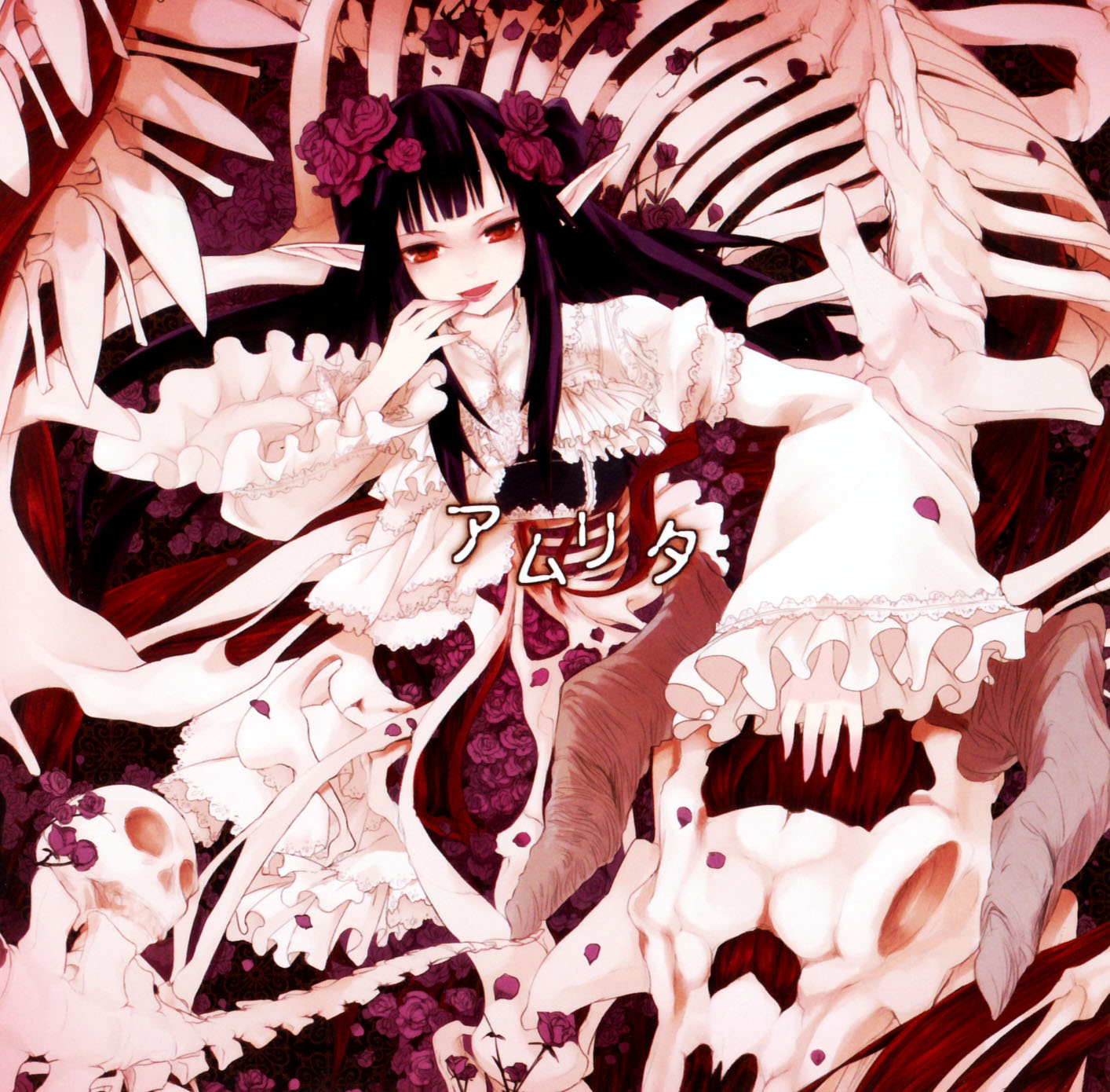 kusano houki, umineko no naku koro ni, character request, highres, 00s, 1girl, album cover, black hair, bone, cover, elf, female focus, flower, frills, hair flower, hair ornament, long hair, pointy ears, red eyes, rose, skeleton, skull, solo
