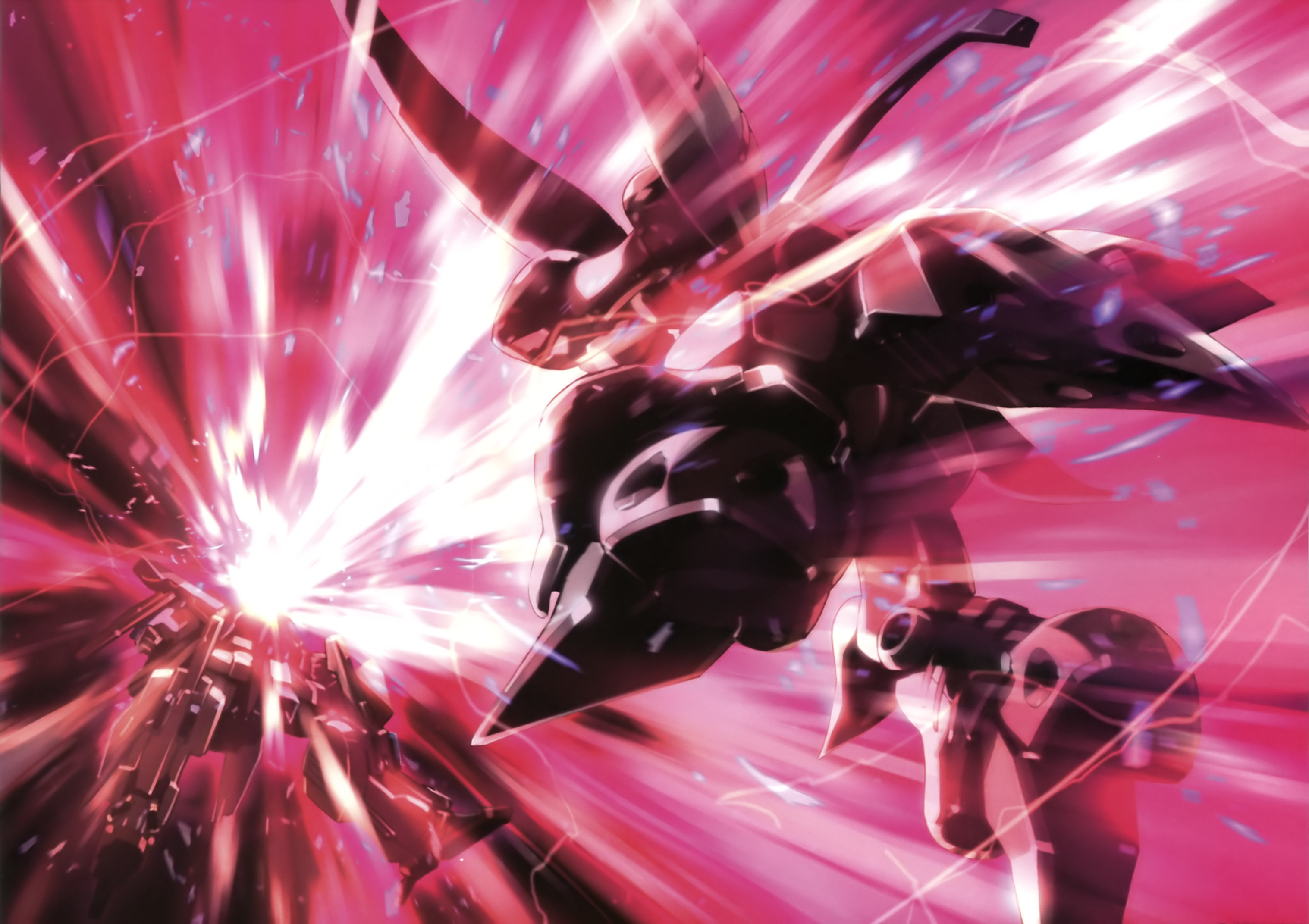 qubeley, zz gundam, gundam, gundam zz, artist request, highres, official art, painting (medium), scan, traditional media, aeug, battle, beam cannon, duel, energy, energy beam, firing, glowing, gundam perfect file, machinery, mecha, mecha focus, mobile suit, neo zeon, no humans, robot, scene reference, science fiction, space, thrusters, zero gravity