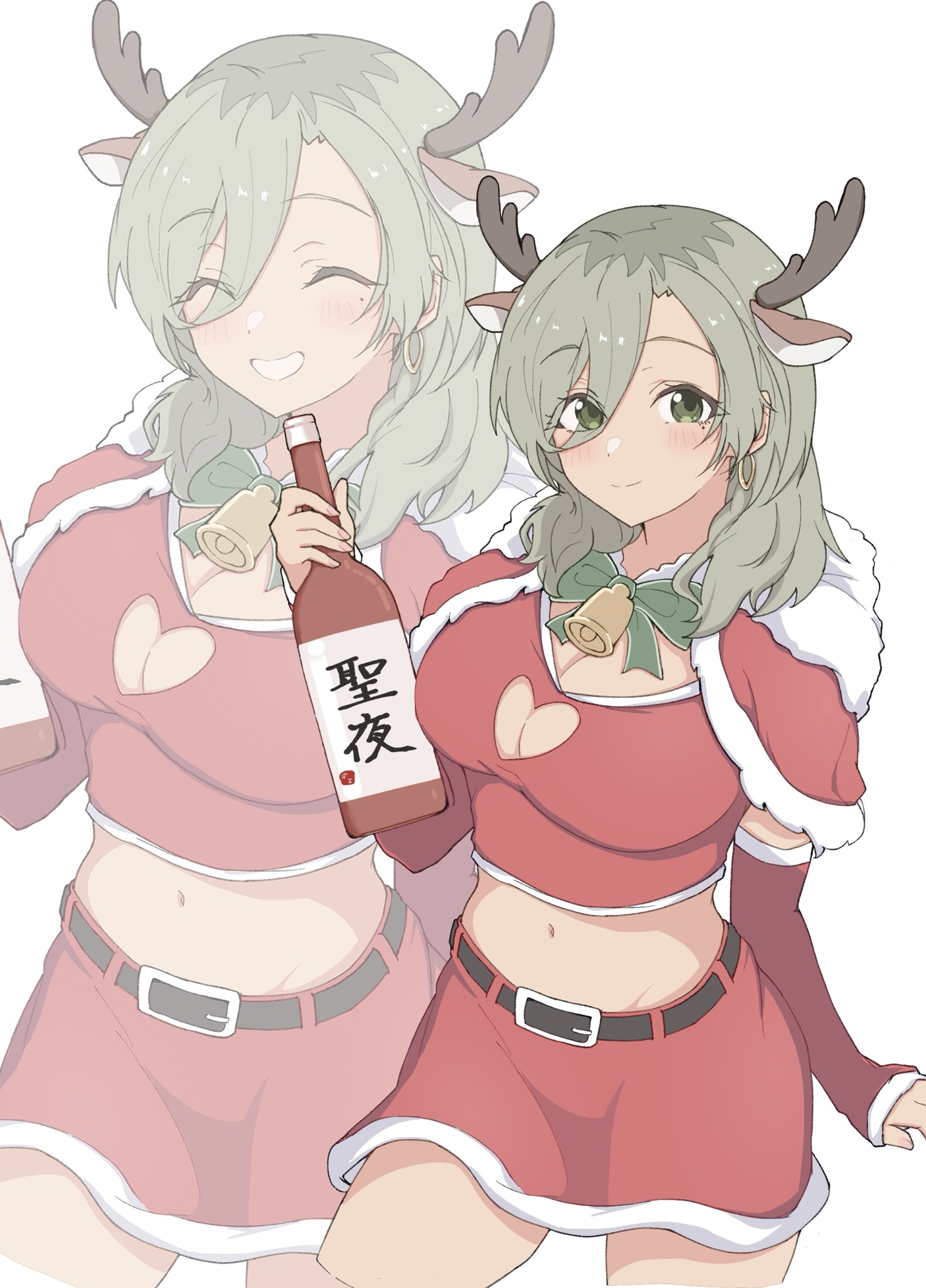 hanekuri (nnainain), rupa (girls band cry), girls band cry, highres, translation request, 1girl, belt, black belt, bottle, brown hair, capelet, closed mouth, fake antlers, green eyes, holding, holding bottle, medium hair, midriff, mole, mole under eye, multicolored hair, navel, red arm warmers, red capelet, red shirt, red skirt, roots (hair), shirt, skirt, zoom layer