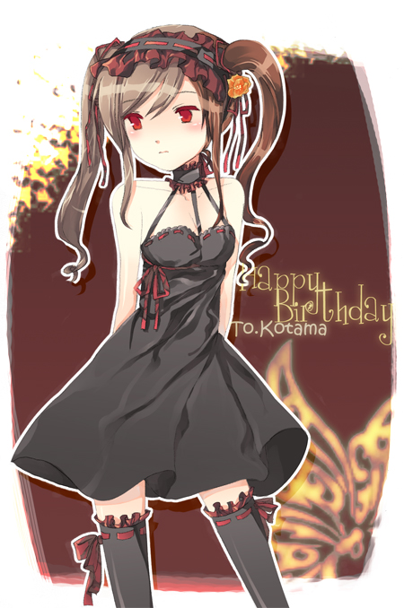 1girl, blush, brown hair, female focus, happy birthday, red eyes, solo, thighhighs, twintails