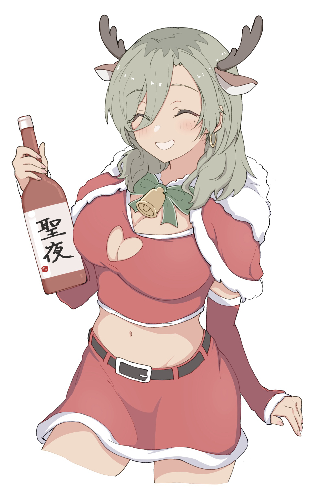 hanekuri (nnainain), rupa (girls band cry), girls band cry, highres, translation request, 1girl, belt, black belt, blush, bottle, brown hair, capelet, closed eyes, closed mouth, fake antlers, holding, holding bottle, medium hair, midriff, mole, mole under eye, multicolored hair, navel, red arm warmers, red capelet, red shirt, red skirt, roots (hair), shirt, skirt, smile, zoom layer