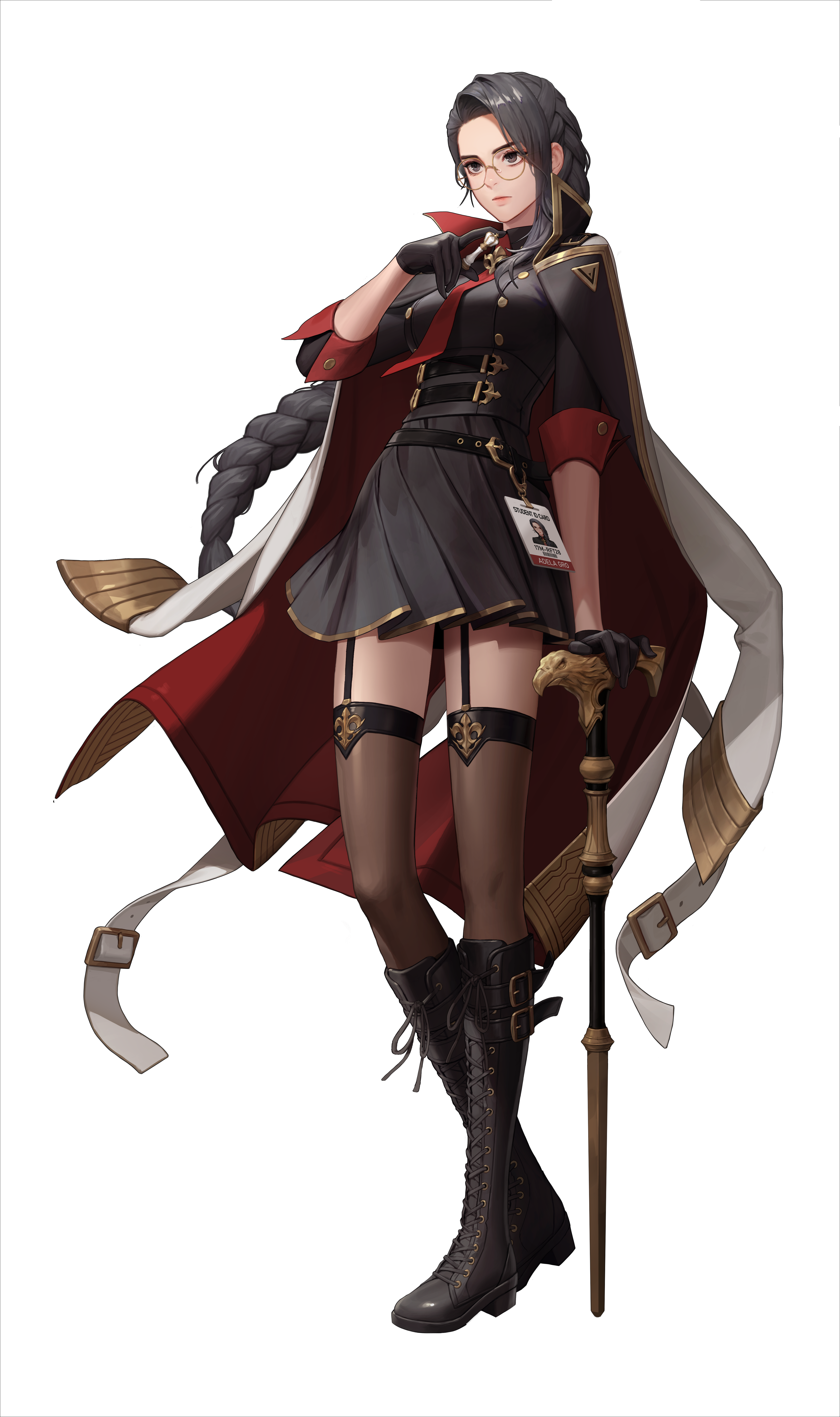 adela gro, black survival, absurdres, artist request, commentary, english commentary, highres, official art, third-party source, 1girl, black gloves, black hair, boots, braid, braided ponytail, cane, chess piece, closed mouth, coat, coat on shoulders, glasses, gloves, grey eyes, holding, holding chess piece, id card, necktie, red necktie, solo, transparent background