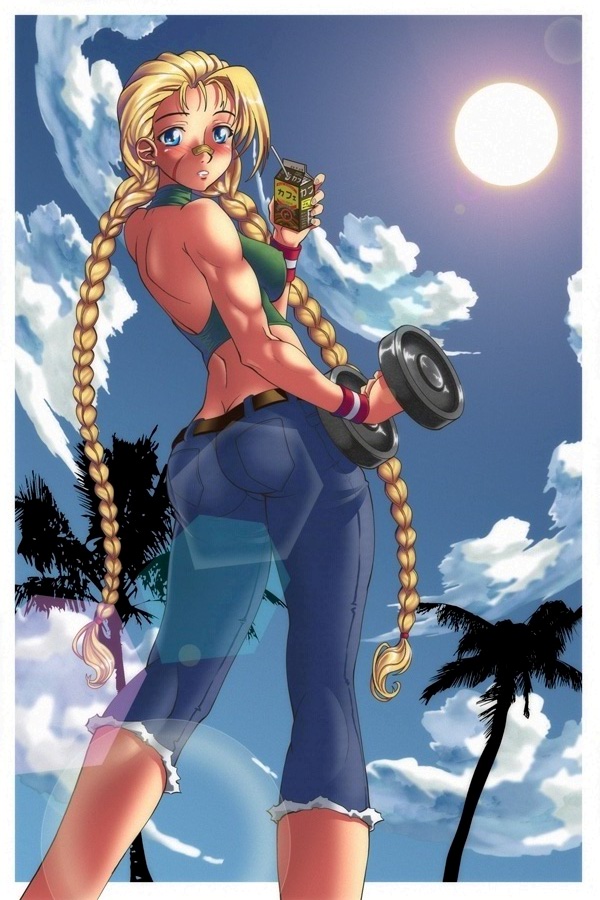 gammatelier, cammy white, capcom, street fighter, 1girl, antenna hair, ass, back, bandaid, bandaid on face, bandaid on nose, blonde hair, blue eyes, blue sky, blush, braid, breasts, butt crack, capri pants, casual, cloud, covered erect nipples, day, denim, drink carton, exercising, female focus, from behind, juice box, lens flare, long hair, looking back, medium breasts, midriff, muscular, nature, outdoors, palm tree, pants, scar, sky, solo, sun, tree, twin braids, twintails, wristband