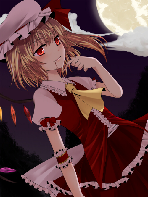 tateyama, flandre scarlet, embodiment of scarlet devil, touhou, 1girl, arm garter, blonde hair, blood, blouse, collared shirt, female focus, frilled vest, frills, hat, mob cap, moon, outdoors, red eyes, shirt, sky, solo, vest, white hat, white shirt, wings