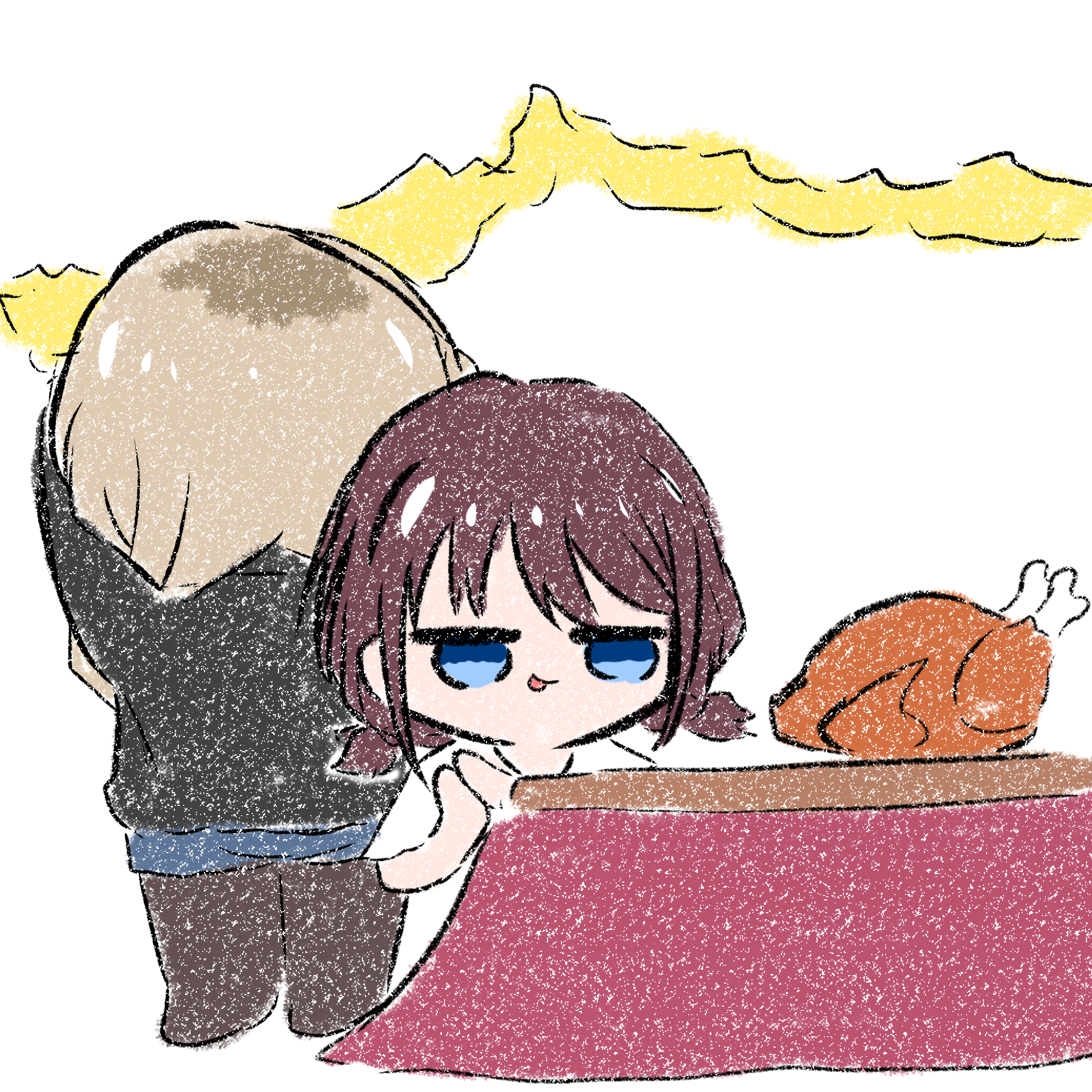 jo8blhrvkta6duw, iseri nina, kawaragi momoka, girls band cry, absurdres, chinese commentary, commentary request, highres, 2girls, black shirt, blue eyes, brown hair, food, kotatsu, long hair, low twintails, multicolored hair, multiple girls, roots (hair), shirt, short hair, short twintails, simple background, table, twintails, white background