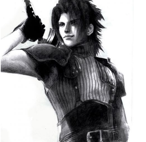 zack fair, crisis core: final fantasy vii, final fantasy, final fantasy vii, 1990s (style), 1boy, armor, belt, black hair, gloves, greyscale, grin, male focus, monochrome, retro artstyle, shoulder pads, simple background, smile, solo, standing, sword, turtleneck, weapon