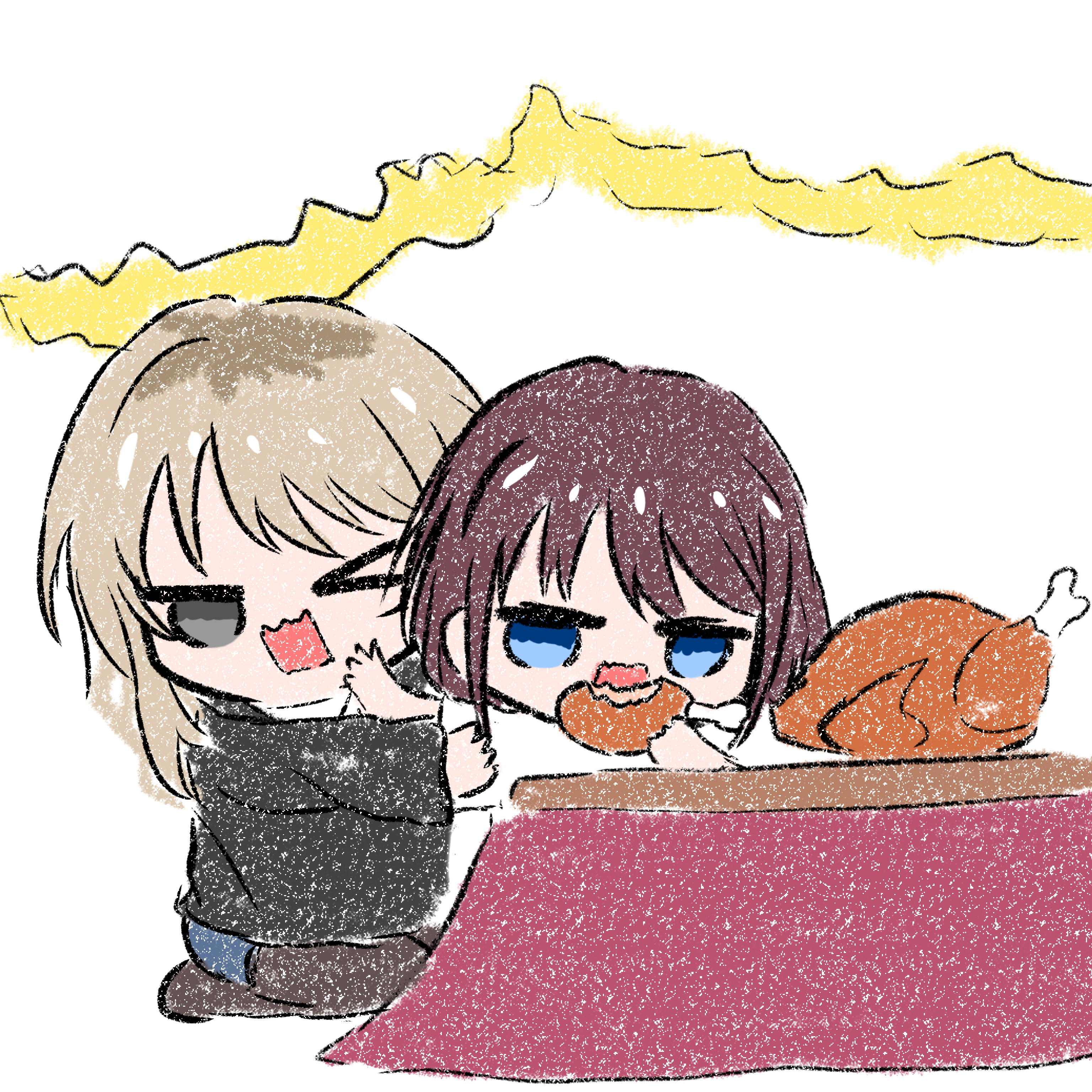 jo8blhrvkta6duw, iseri nina, kawaragi momoka, girls band cry, absurdres, chinese commentary, commentary request, highres, > o, 2girls, black shirt, blue eyes, brown hair, food, food theft, grey eyes, grey hair, multicolored hair, multiple girls, one eye closed, roots (hair), shirt, short hair