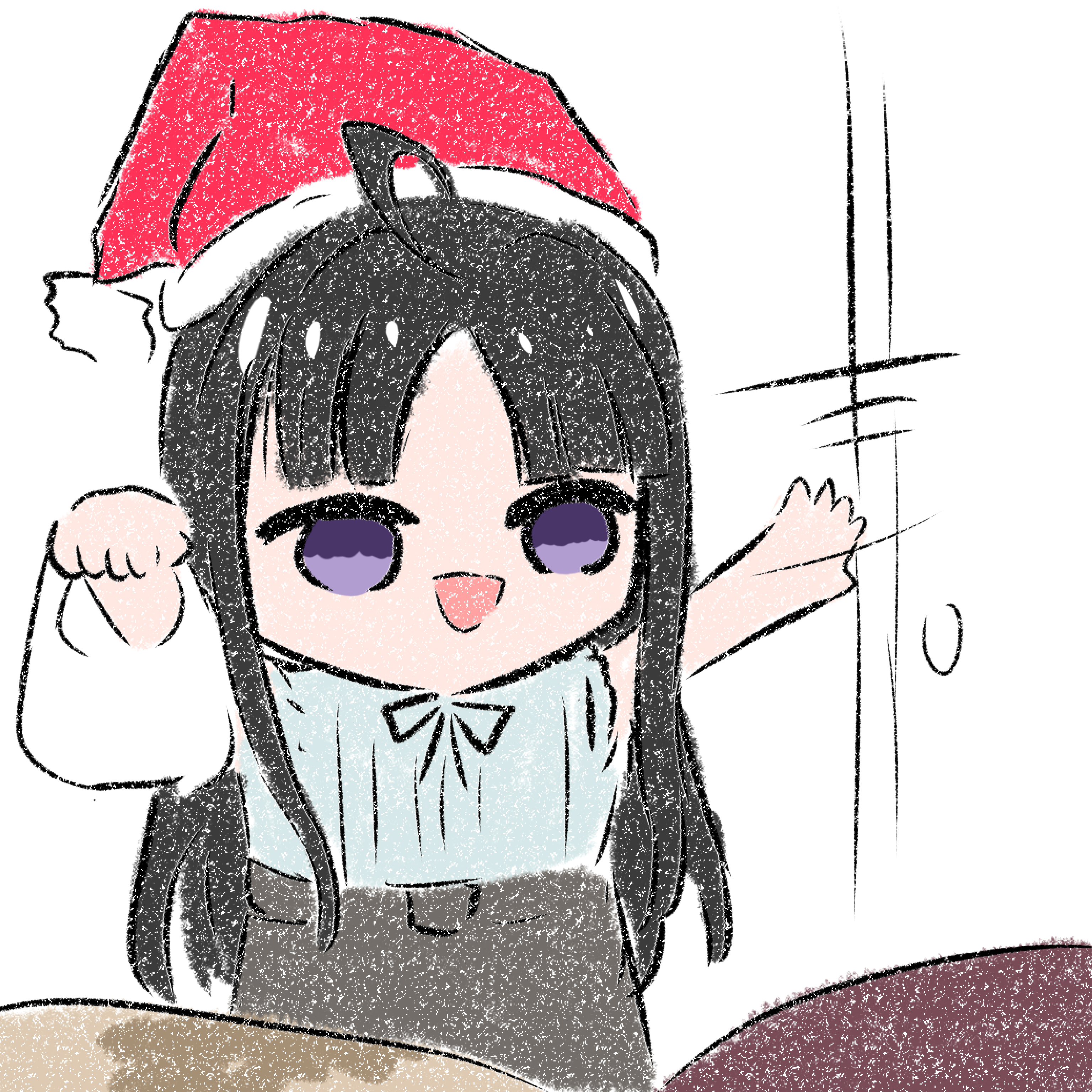 jo8blhrvkta6duw, awa subaru, iseri nina, kawaragi momoka, girls band cry, absurdres, chinese commentary, commentary request, highres, 3girls, ahoge, black hair, hat, multiple girls, parted bangs, purple eyes, santa hat, shirt, solo focus, white shirt
