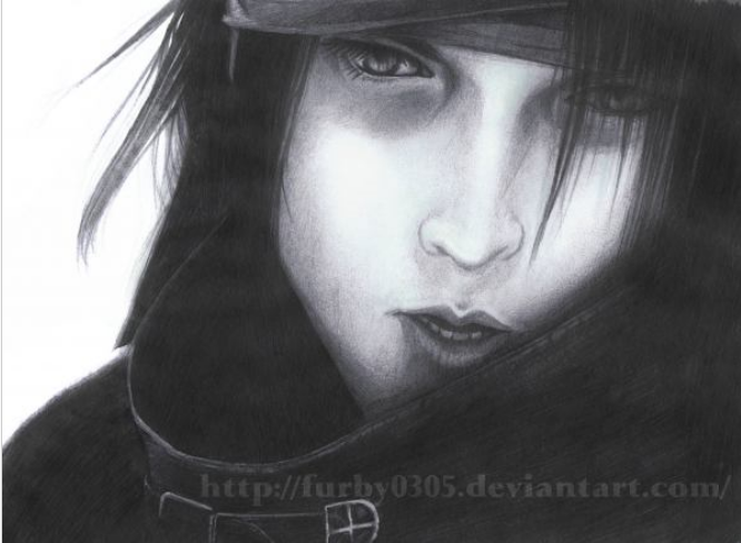 vincent valentine, final fantasy, final fantasy vii, 1990s (style), 1boy, black hair, greyscale, headband, male focus, monochrome, retro artstyle, simple background, solo