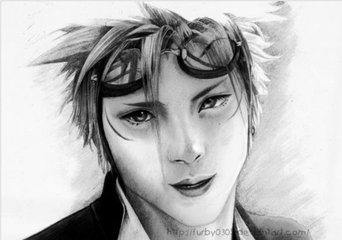 reno (ff7), final fantasy, final fantasy vii, 1990s (style), 1boy, earrings, formal clothes, goggles, greyscale, jewelry, looking at viewer, male focus, monochrome, retro artstyle, simple background, smile, solo, spiked hair, suit, tattoo