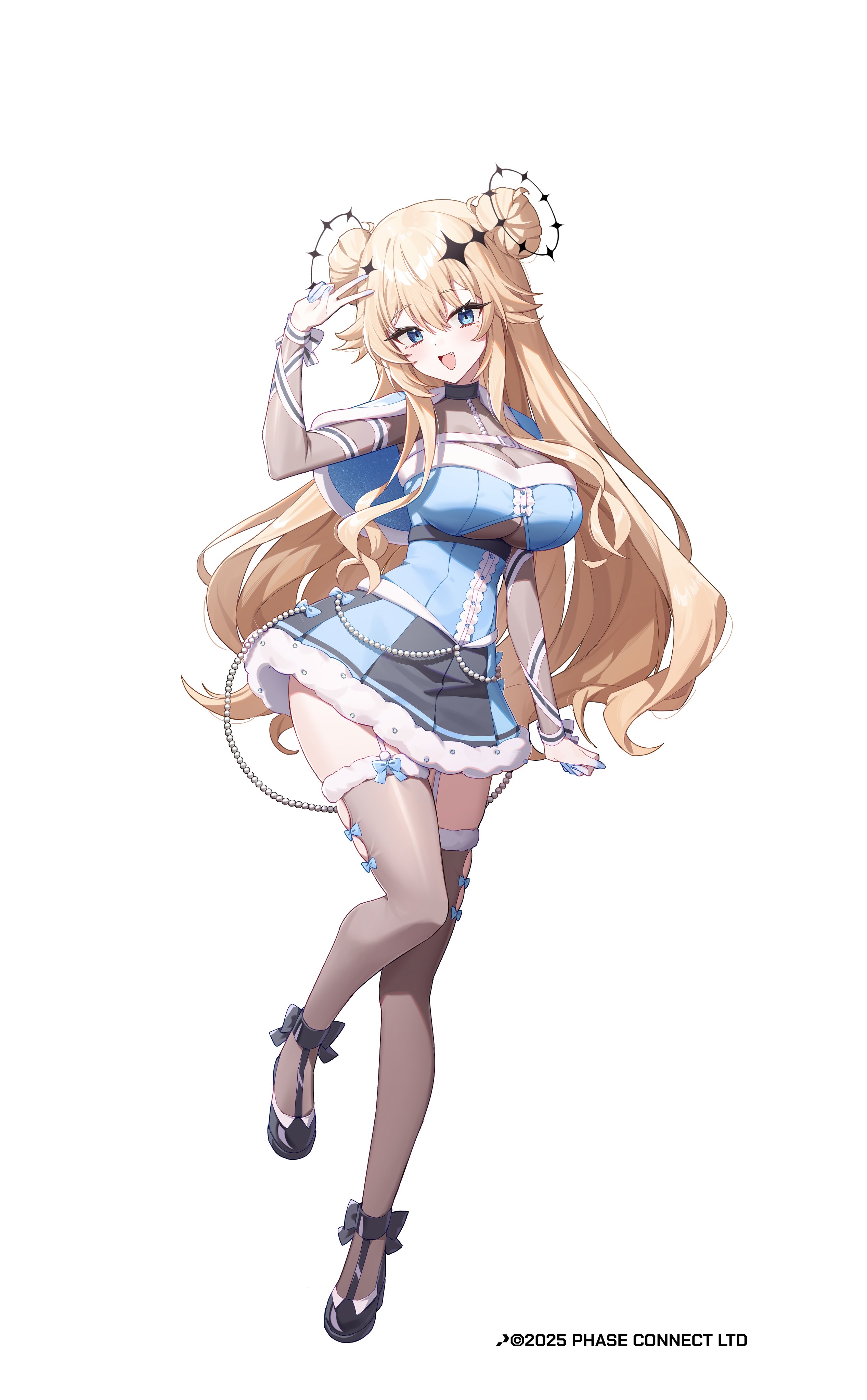 taiyaki12, kaneko lumi, phase connect, absurdres, commentary, english commentary, highres, 1girl, black shoes, blonde hair, blue bow, blue dress, blue eyes, bow, breasts, colored extremities, copyright notice, double bun, dress, footwear bow, full body, fur-trimmed dress, fur-trimmed thighhighs, fur trim, garter straps, gem, hair bun, halo, long hair, open mouth, pearl (gemstone), see-through cleavage, see-through clothes, shoes, smile, solo, thighhighs, v, virtual youtuber, white background, white garter straps