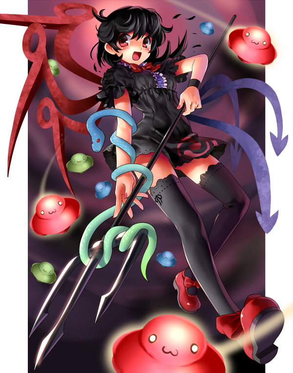 katahira masashi, houjuu nue, touhou, 1girl, :3, black hair, black thighhighs, female focus, full body, polearm, red eyes, short hair, solo, spear, thighhighs, trident, ufo, weapon, wings, zettai ryouiki