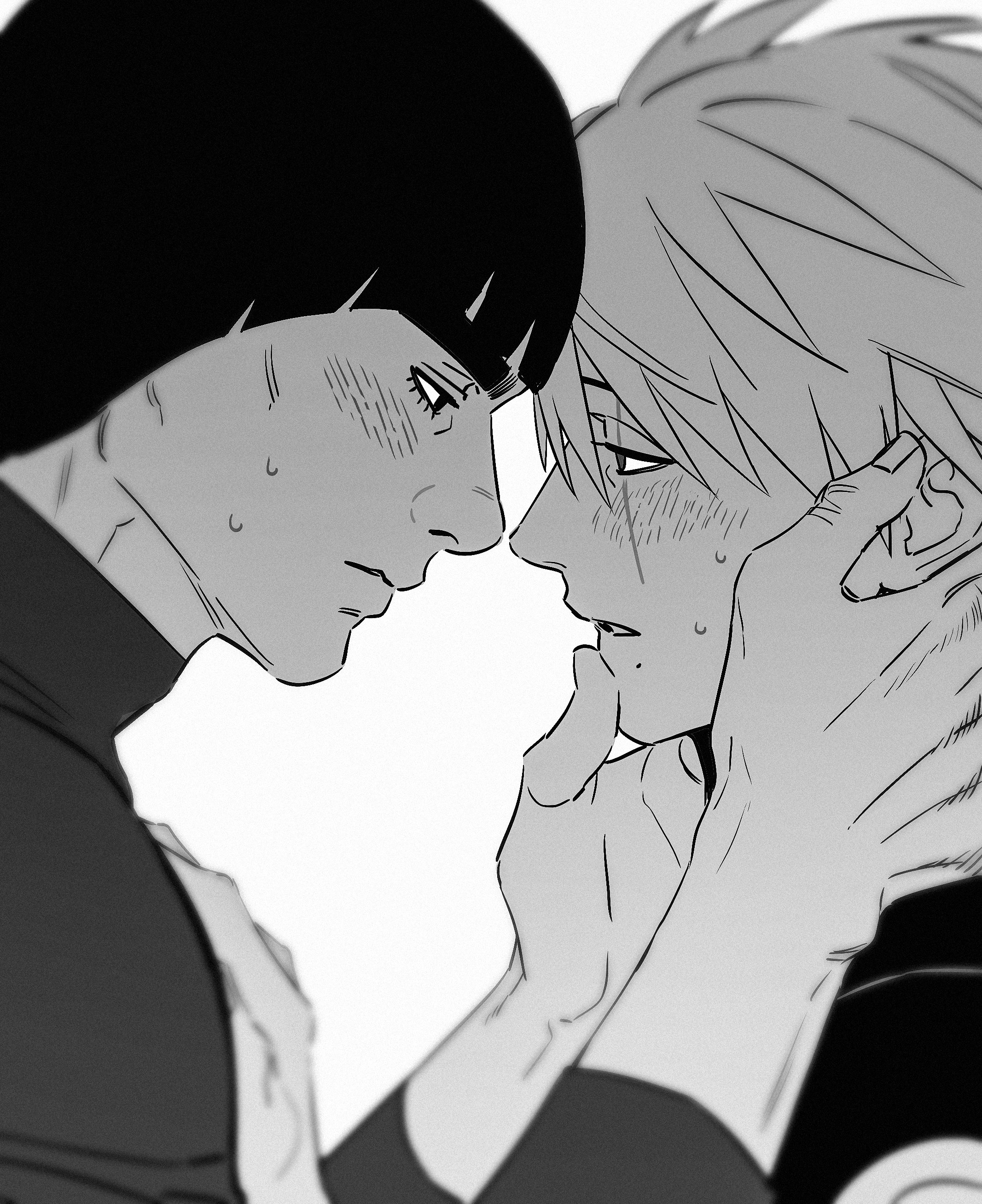 hatake kakashi, might guy, naruto (series), absurdres, commentary request, highres, korean commentary, 2boys, black hair, black shirt, blunt bangs, blush, bodysuit, bowl cut, closed mouth, grey hair, greyscale, hair between eyes, hand in another's hair, hand on another's chest, hand on another's chin, imminent kiss, looking at another, m0 mo momo, male focus, monochrome, multiple boys, parted lips, scar, scar across eye, scar on face, shirt, short hair, sweat, upper body, white background, yaoi