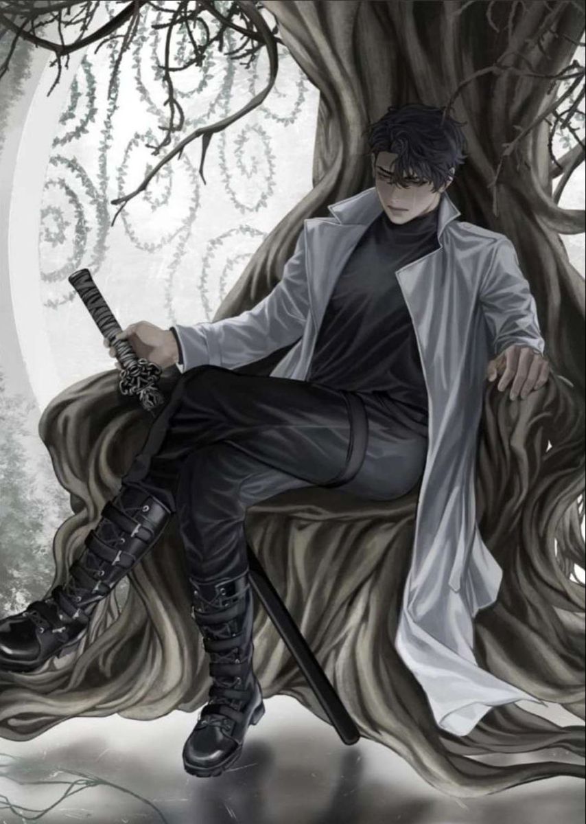 blackbox (blackbox9158), secretive plotter, yoo joonghyuk, omniscient reader's viewpoint, highres, official art, third-party source, 1boy, belt, black eyes, black shirt, boots, coat, crossed legs, elbow rest, full body, head tilt, holding, holding sword, holding weapon, in tree, looking at viewer, male focus, open clothes, open coat, popped collar, serious, shirt, sitting, sitting in tree, solo, sword, thigh belt, thigh strap, tree, weapon, white coat