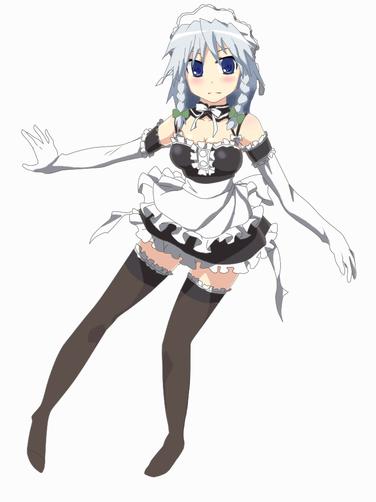 pyon (tko e43), izayoi sakuya, kore ga watashi no goshujin-sama, touhou, silver hair, commentary request, 1girl, apron, arm garter, bare shoulders, blue eyes, brown thighhighs, cosplay, detached collar, dress, elbow gloves, facing viewer, female focus, frills, full body, gloves, grey hair, looking at viewer, maid, maid headdress, nakabayashi yoshitaka's maid uniform, parody, short hair, simple background, sleeveless, sleeveless dress, solo, thighhighs, white background, white gloves, zettai ryouiki