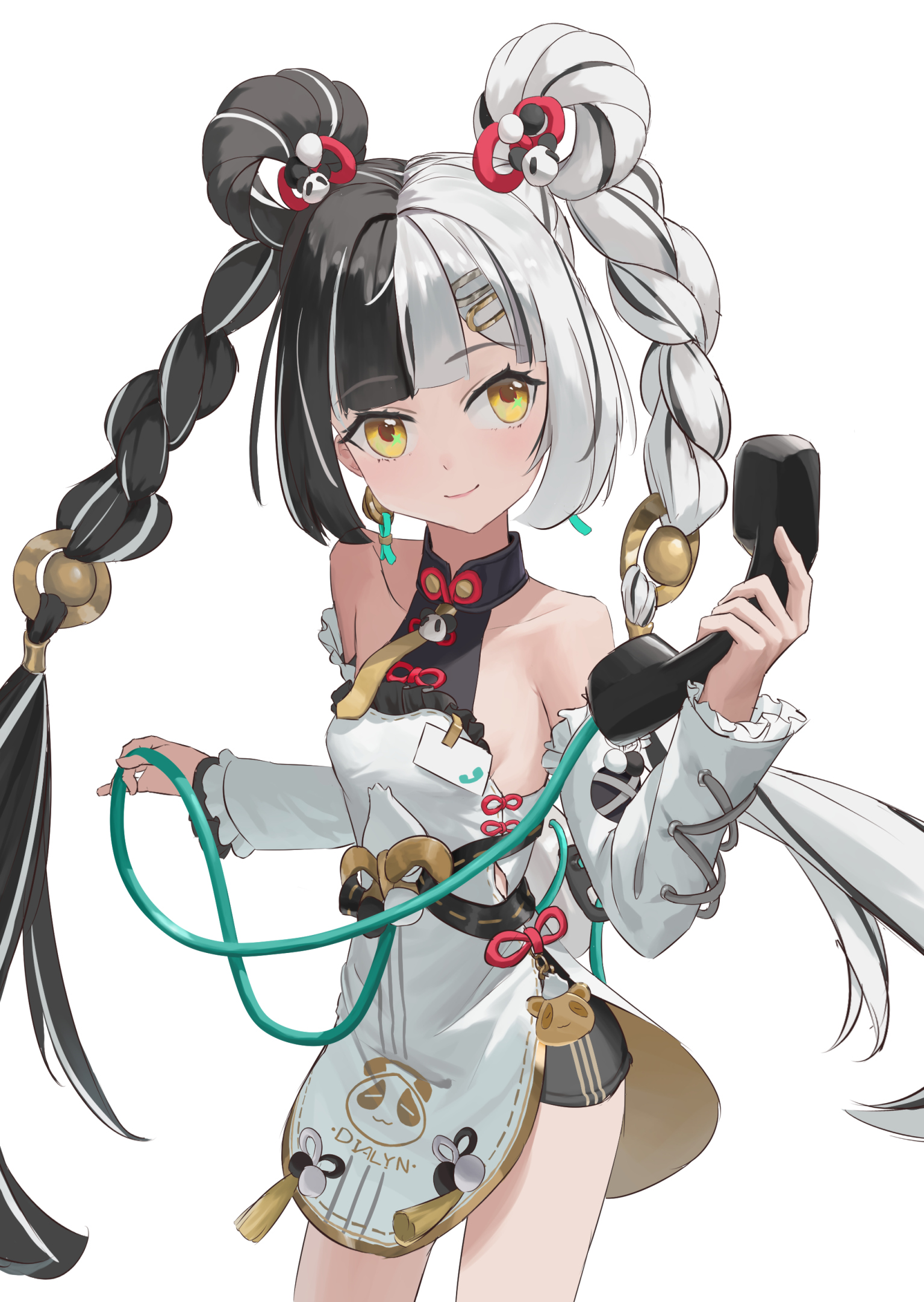 dialyn (zenless zone zero), zenless zone zero, commentary, highres, 1girl, animal print, bare shoulders, bear print, black hair, braid, chakram, china dress, chinese clothes, corded phone, cusaimi, detached sleeves, dress, earrings, hair extensions, hair ornament, jewelry, long hair, multicolored hair, panda hair ornament, panda print, phone, solo, split-color hair, weapon, white hair, wire, yellow eyes