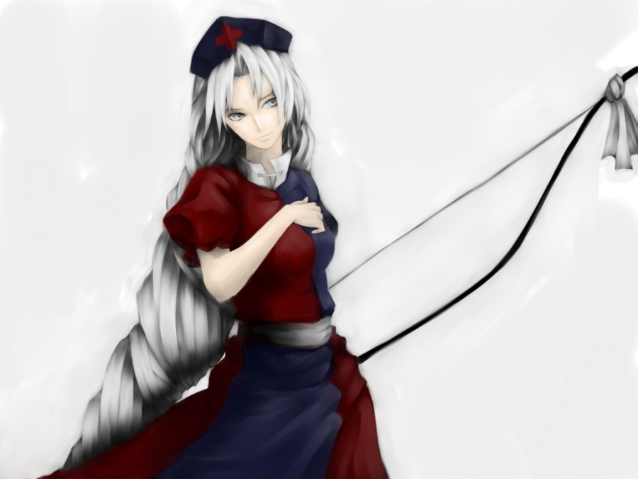 hket, yagokoro eirin, touhou, silver hair, bad id, bad pixiv id, 1girl, bow, female focus, grey background, hat, solo, standing