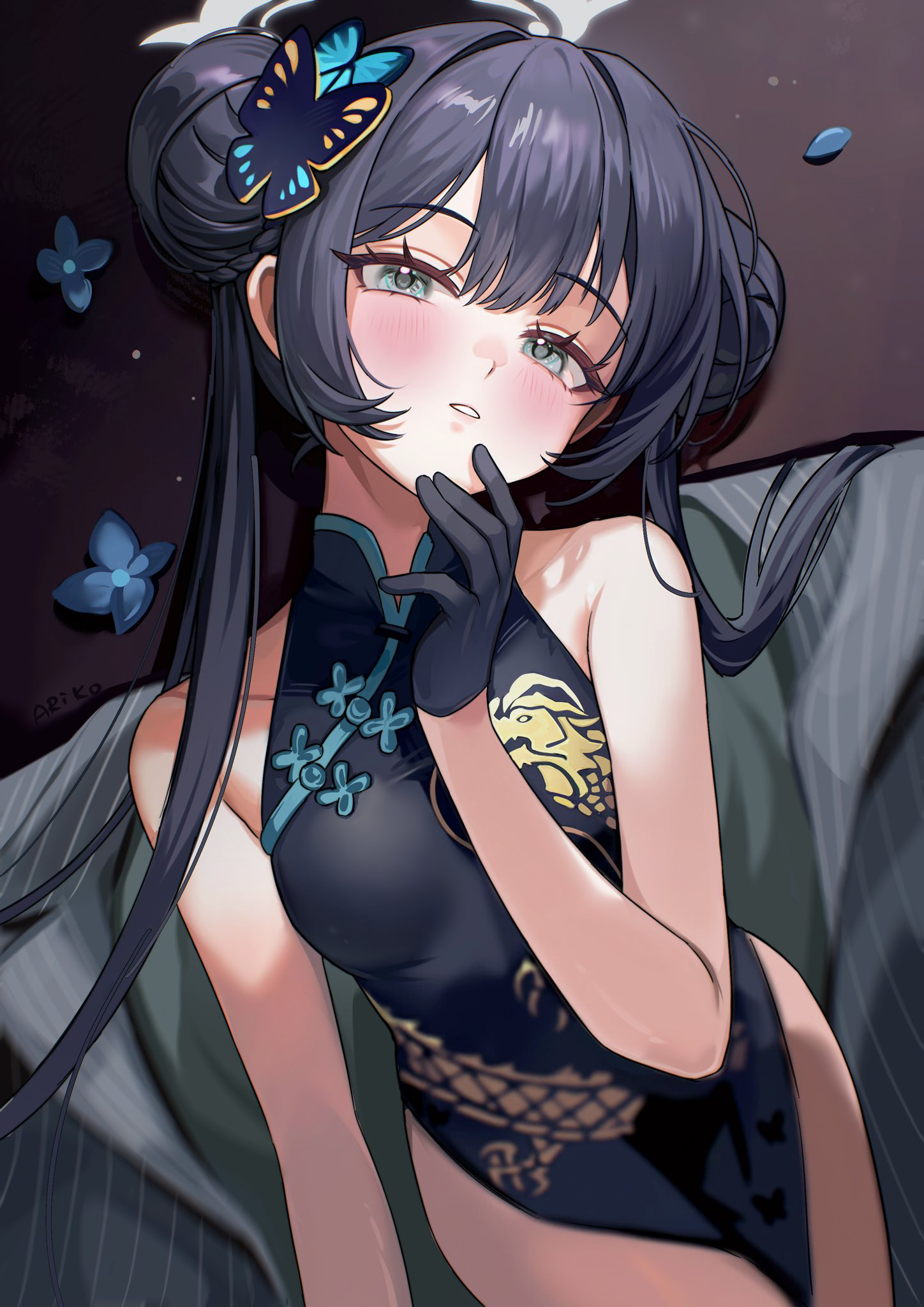 ariko (aaaaarik), kisaki (blue archive), blue archive, commentary, english commentary, highres, 1girl, bare arms, bare legs, bare shoulders, black dress, black gloves, blush, breasts, butterfly hair ornament, china dress, chinese clothes, closed mouth, double bun, dragon print, dress, gloves, grey eyes, grey jacket, hair between eyes, hair bun, hair ornament, halo, hand on own chin, jacket, long hair, looking at viewer, pelvic curtain, print dress, sidelocks, sleeveless, sleeveless dress, striped clothes, striped jacket, thighs, twintails, vertical-striped clothes, vertical-striped jacket