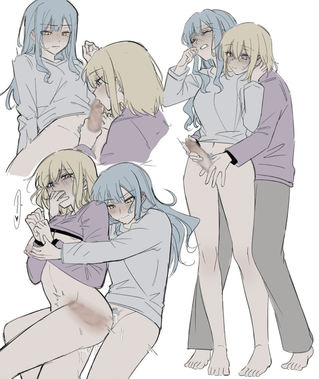 17aijo, misumi uika, togawa sakiko, bang dream!, bang dream! it's mygo!!!!!, bad source, commentary, highres, 2girls, barefoot, blonde hair, blue hair, bottomless, censored, colored pubic hair, fellatio, female pubic hair, futa with female, futanari, grey shirt, handjob, long hair, long sleeves, medium hair, multiple girls, oral, penis, pubic hair, purple eyes, purple shirt, sex, shirt, sidelocks, simple background, white background, x-ray, yellow eyes