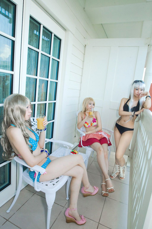 fighter, granado espada, photo (medium), tagme, 3girls, bikini, black one-piece swimsuit, blonde hair, blue one-piece swimsuit, bracelet, cosplay, elementalist, high heels, jewelry, multiple girls, one-piece swimsuit, pink one-piece swimsuit, sandals, shoes, swimsuit, wedge heels, white hair