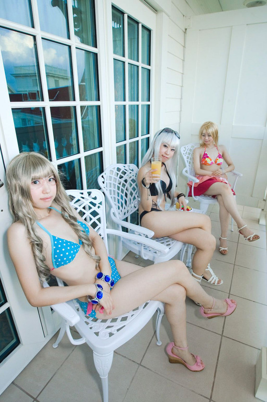 fighter, granado espada, photo (medium), tagme, 3girls, bikini, black one-piece swimsuit, blonde hair, blue one-piece swimsuit, bracelet, cosplay, elementalist, high heels, jewelry, multiple girls, one-piece swimsuit, pink one-piece swimsuit, sandals, shoes, swimsuit, white hair
