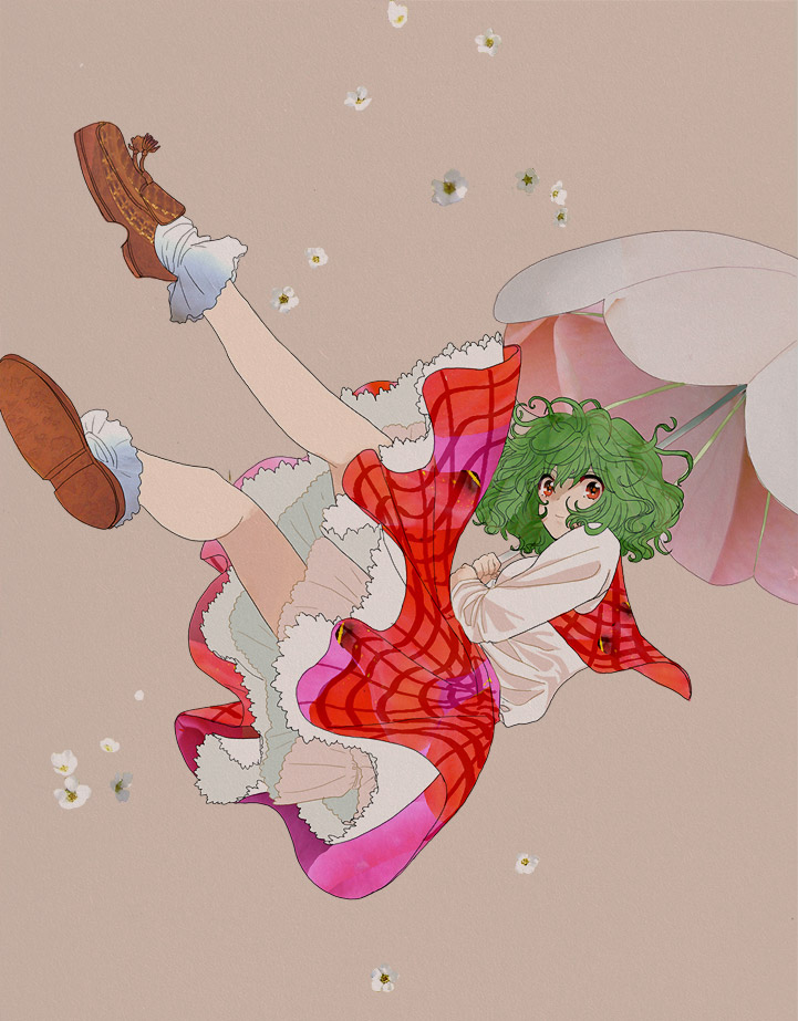 wtuw, kazami yuuka, touhou, 1girl, falling, female focus, flower, green hair, parasol, petticoat, plaid clothes, plaid skirt, plaid vest, red eyes, short hair, simple background, skirt, skirt set, smile, solo, umbrella, vest