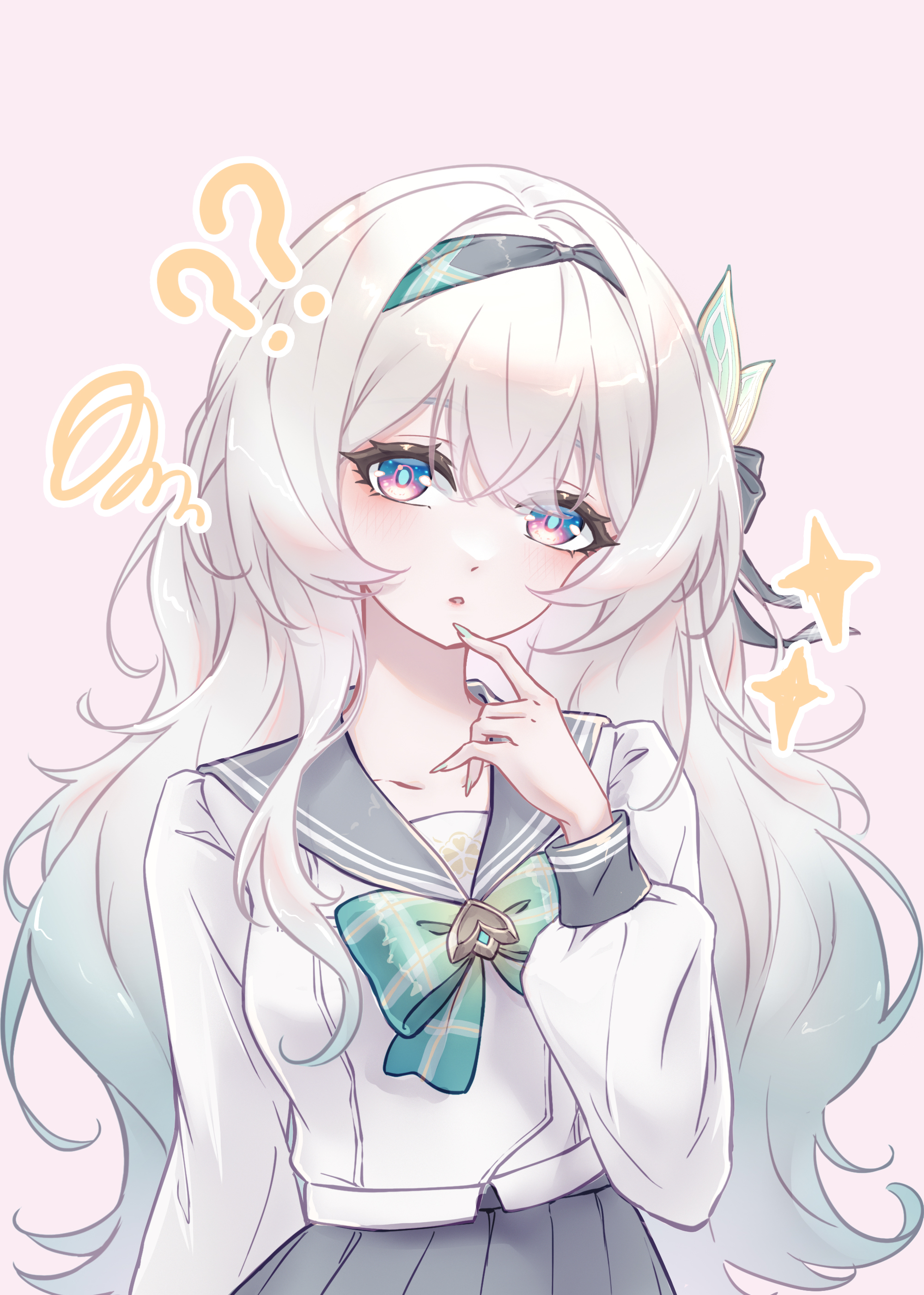 rika mayuzumi, firefly (honkai: star rail), firefly (spring missive) (honkai: star rail), honkai: star rail, honkai (series), absurdres, commentary request, highres, 1girl, ?, ??, aqua bow, aqua bowtie, aqua hair, aqua nails, black hairband, blue pupils, bow, bowtie, cowboy shot, finger to own chin, fingernails, gradient hair, grey hair, grey sailor collar, grey skirt, hairband, hand up, long fingernails, long hair, long sleeves, looking at viewer, multicolored hair, nail polish, official alternate costume, parted lips, pink background, plaid bow, plaid bowtie, plaid clothes, pleated skirt, purple eyes, sailor collar, school uniform, serafuku, shirt, simple background, skirt, solo, squiggle, white shirt