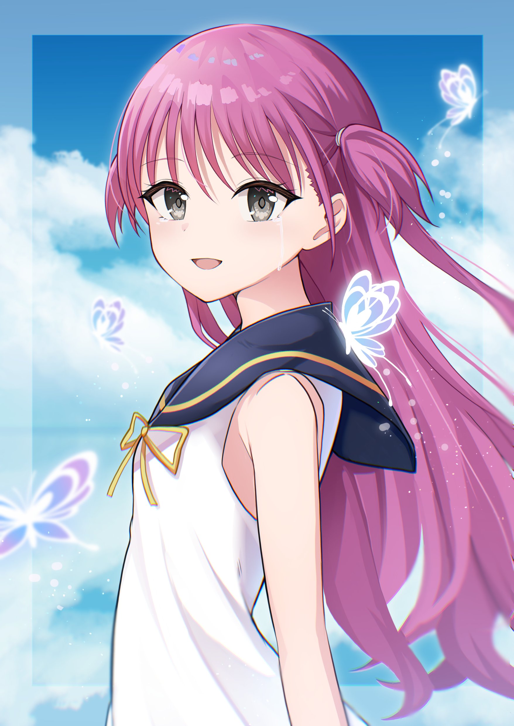 rrtp, katou umi, summer pockets, absurdres, commentary request, highres, 1girl, :d, arm at side, blue butterfly, blue sailor collar, blue sky, bug, butterfly, cloud, cloudy sky, cowboy shot, crying, crying with eyes open, day, dress, eyelashes, from side, glowing butterfly, grey eyes, hair between eyes, insect, light blush, light particles, long hair, looking at viewer, no headwear, open mouth, outdoors, outside border, pink hair, ribbon, sailor collar, sailor dress, sky, sleeveless, sleeveless dress, smile, solo, streaming tears, tears, two side up, very long hair, white dress, yellow ribbon
