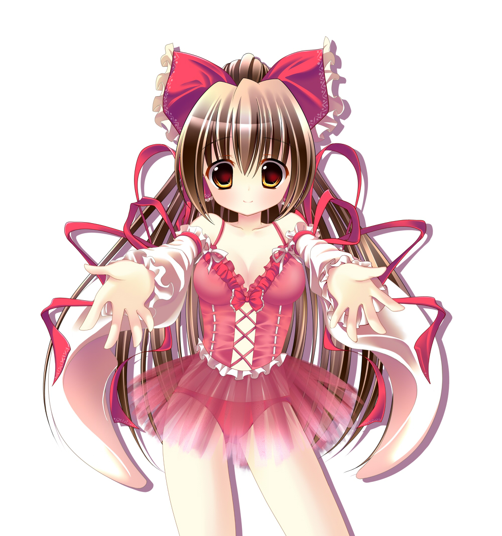 kino (kino konomi), kino konomi, hakurei reimu, touhou, bad id, bad pixiv id, 1girl, alternate costume, bare shoulders, bow, brown hair, bustier, detached sleeves, female focus, hair bow, lingerie, long hair, looking at viewer, outstretched arms, outstretched hand, panties, ponytail, reaching, reaching towards viewer, see-through clothes, simple background, smile, solo, tareme, underwear, yellow eyes
