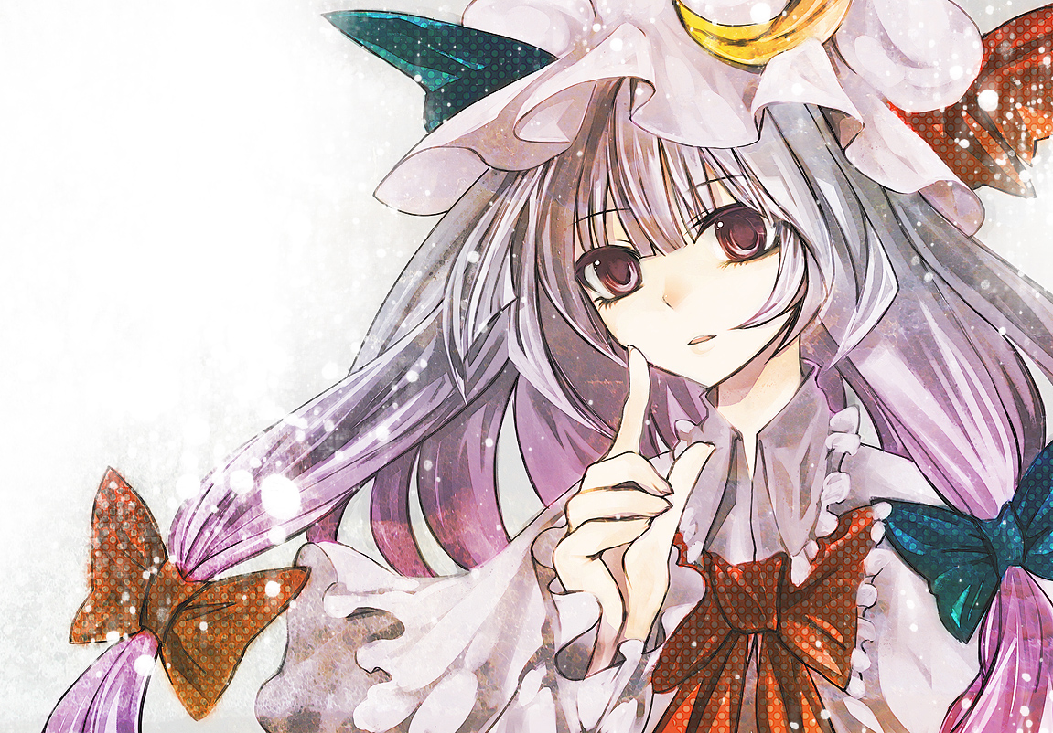 duca, patchouli knowledge, touhou, 1girl, female focus, gradient background, hat, long hair, purple eyes, purple hair, ribbon, solo, white background