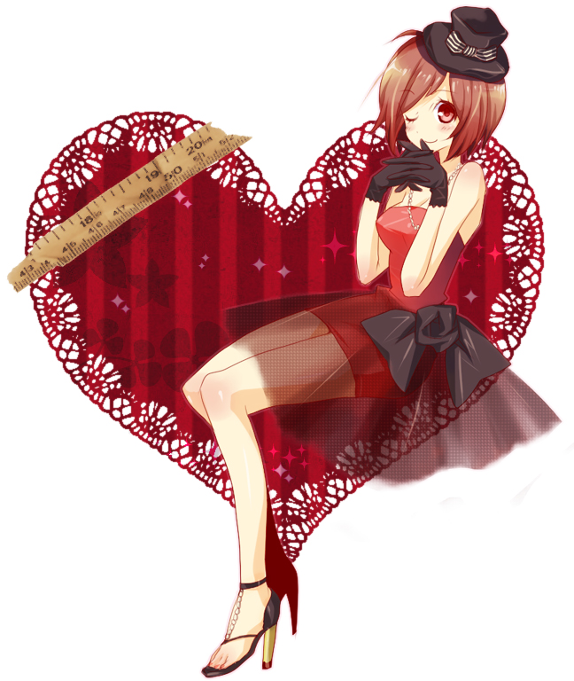 mikipa, meiko (vocaloid), vocaloid, bad id, bad pixiv id, 1girl, brown eyes, brown hair, female focus, gloves, hat, heart, high heels, one eye closed, open shoes, red theme, shoes, short hair, smile, solo, top hat, veil, white background, wink