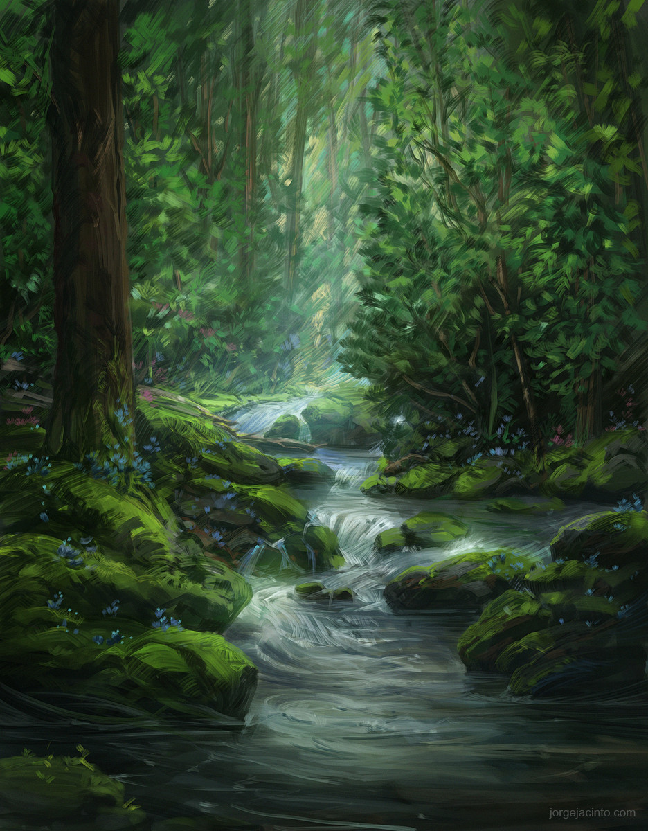 jjcanvas, original, commentary, english commentary, highres, bush, flower, forest, green theme, landscape, leaf, moss, nature, no humans, painterly, pond, river, rock, scenery, tree, water, watermark, web address