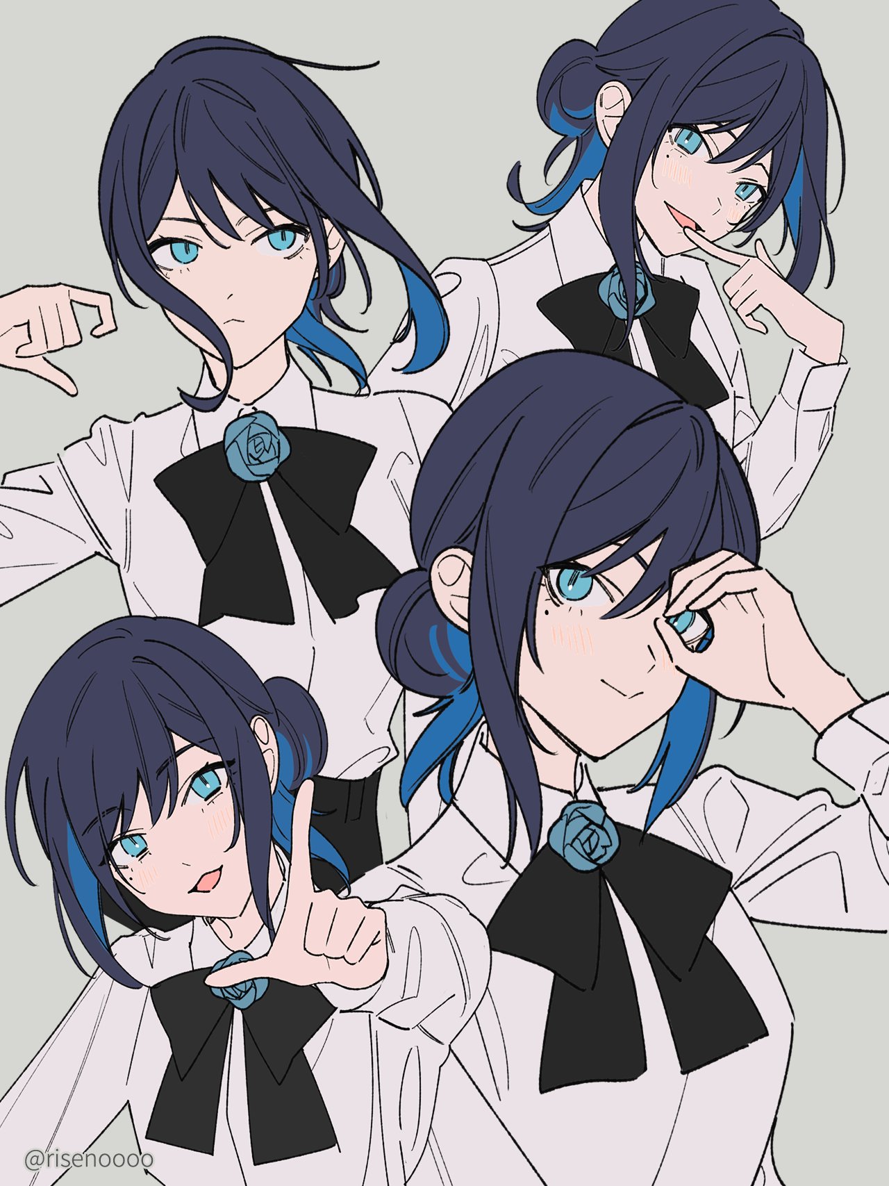 riseno, chando (ado), ado (utaite), commentary request, highres, 1girl, black bow, black bowtie, blue hair, bow, bowtie, grey hair, hair bun, hand over eye, long sleeves, looking at viewer, mole, mole under eye, multiple views, open mouth, shirt, simple background, single hair bun, utaite, white shirt